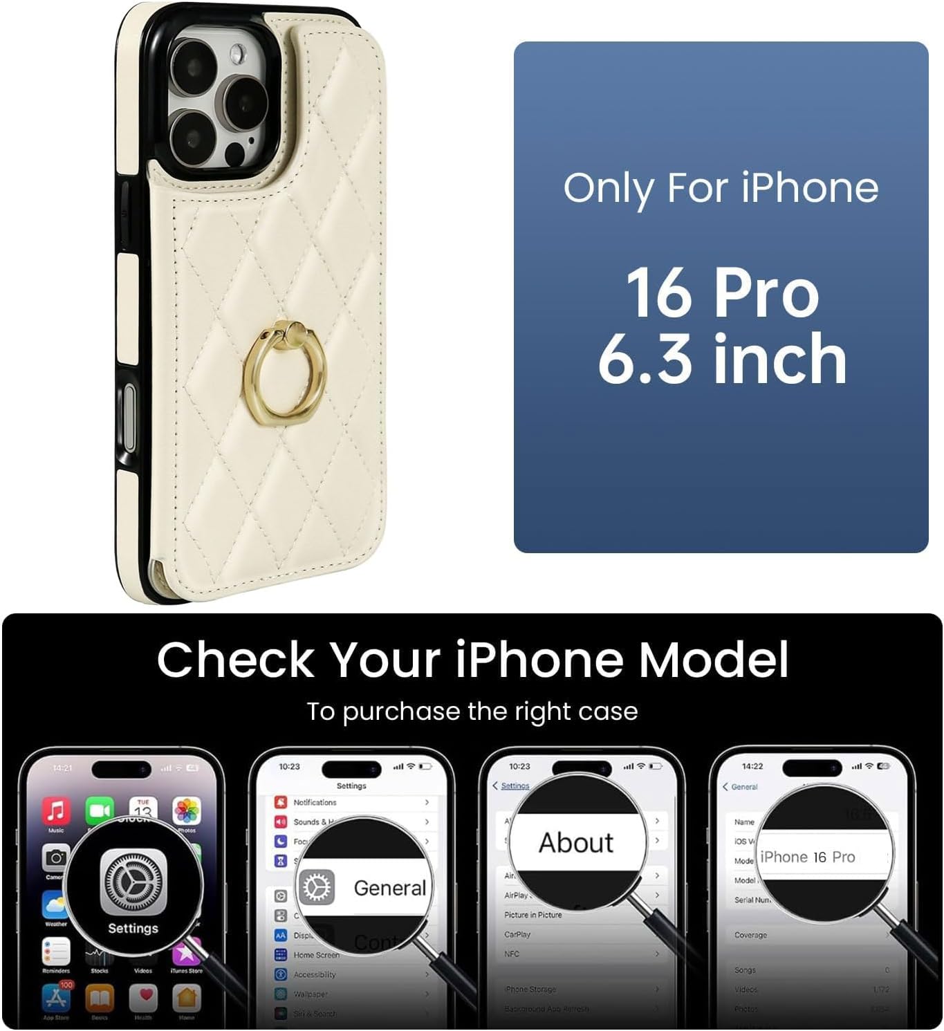 Wallet Case for iPhone 16 Pro with Card Holder, Ring Kickstand Card Slots Leather Case with Double Magnetic Clasp Shockproof Phone Cover 6.3 Inch 2024, Beige - Image 2