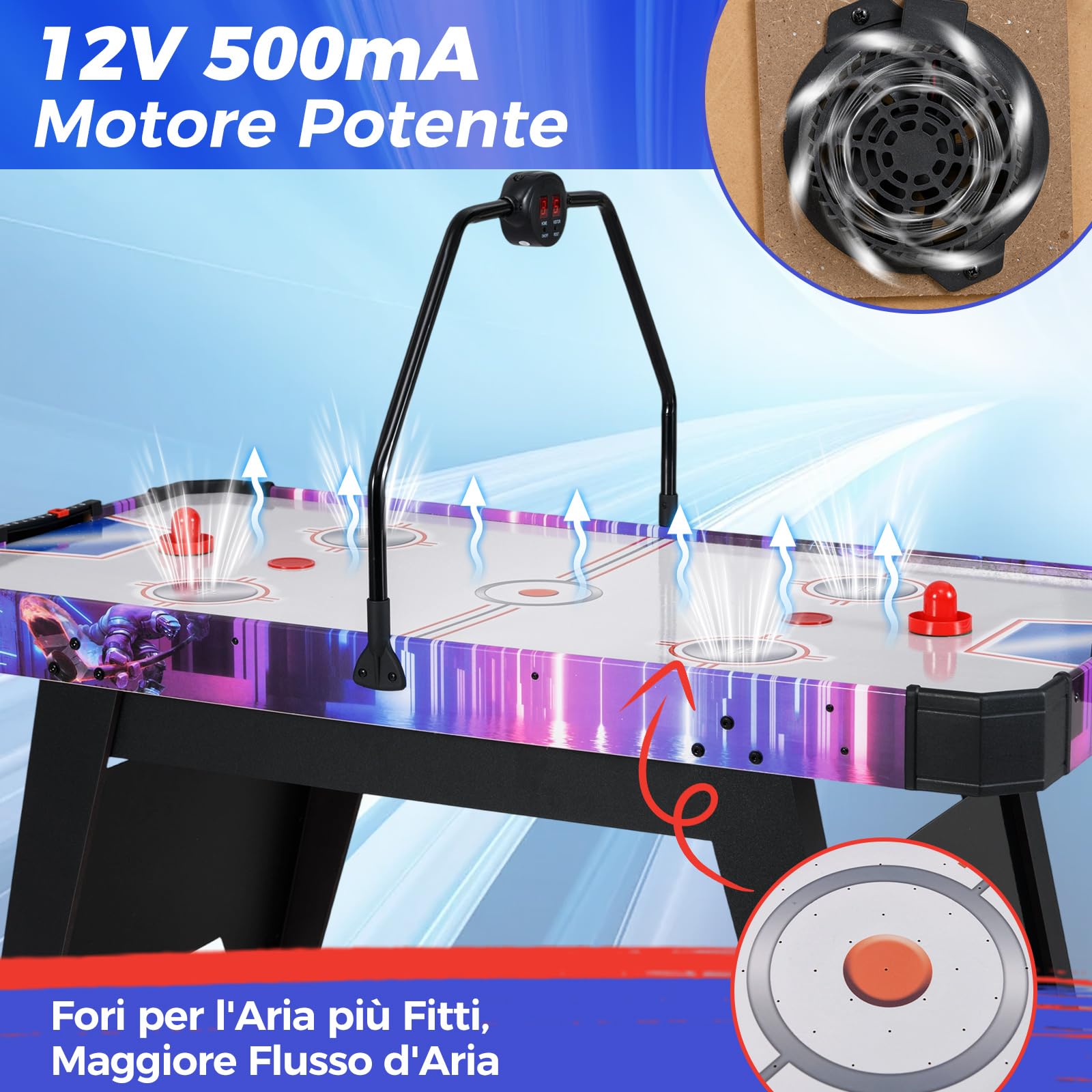 COSTWAY Tavolo Air Hockey, Tavolo da Gioco con Segnapunti Digitale LED 2 Spintori e 2 Dischi, 12V Potente Motore, per Casa Sala Giochi e Ufficio, 144 x 68 x 81 cm