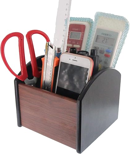 Miniatura 8 de Coideal - Organizador giratorio de madera para guardar controles remoto o artículos de escritorio y oficina, con 4 compartimentos, Marrón