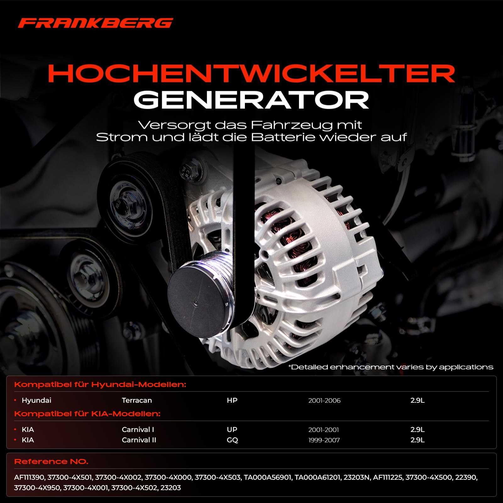 Frankberg Lichtmaschine Generator 12V 2-Polig 110A Kompatibel mit Terracan HP Carnival I UP Carnival II GQ 2.9L Diesel 1998-2007 Replace# 37300-4X000