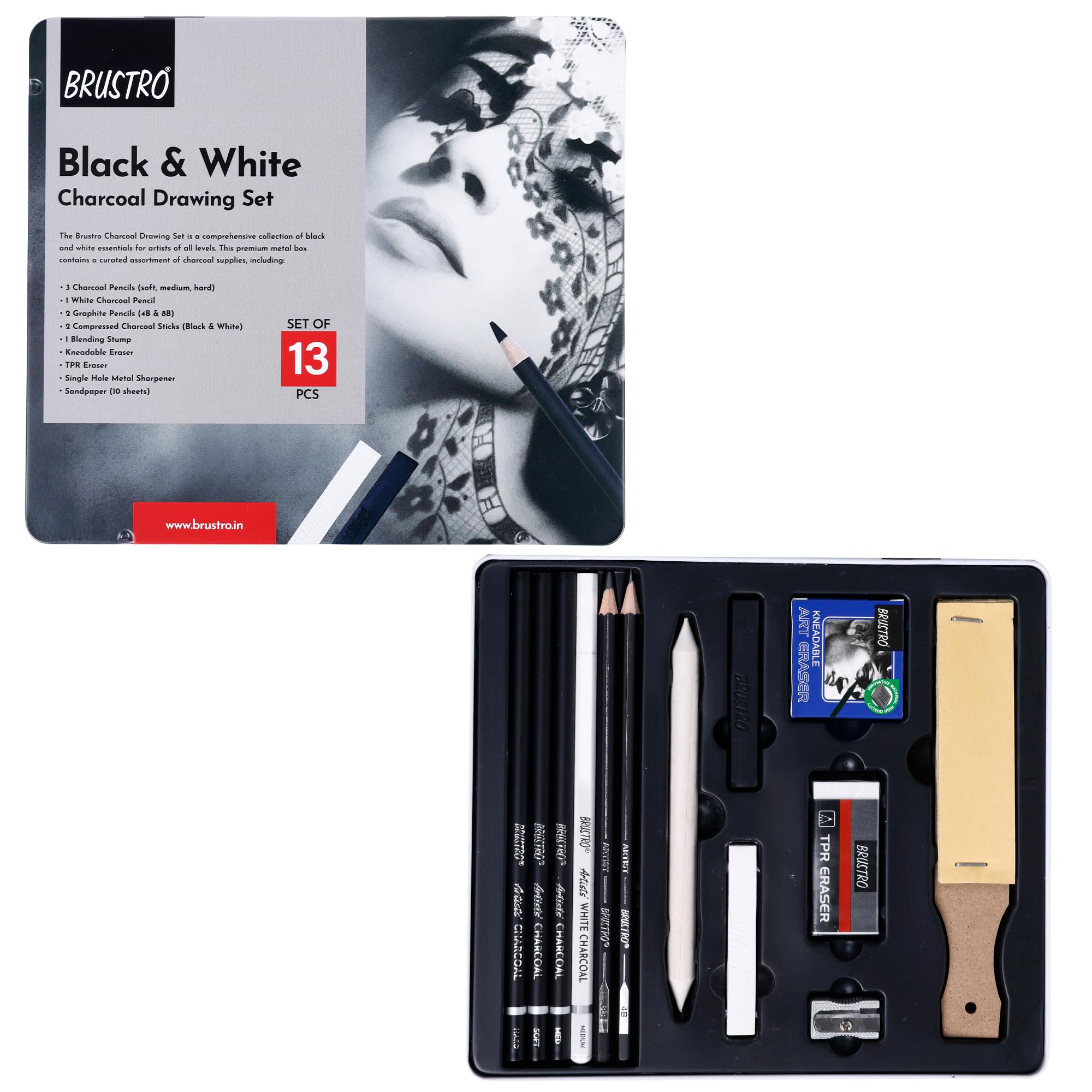 BRUSTRO Black White Charcoal Drawing Set of 13 Pcs in a Metal Box| Ideal For Sketching, Shading, Blending, Illustration, Portraits, Landscape and Fine Arts