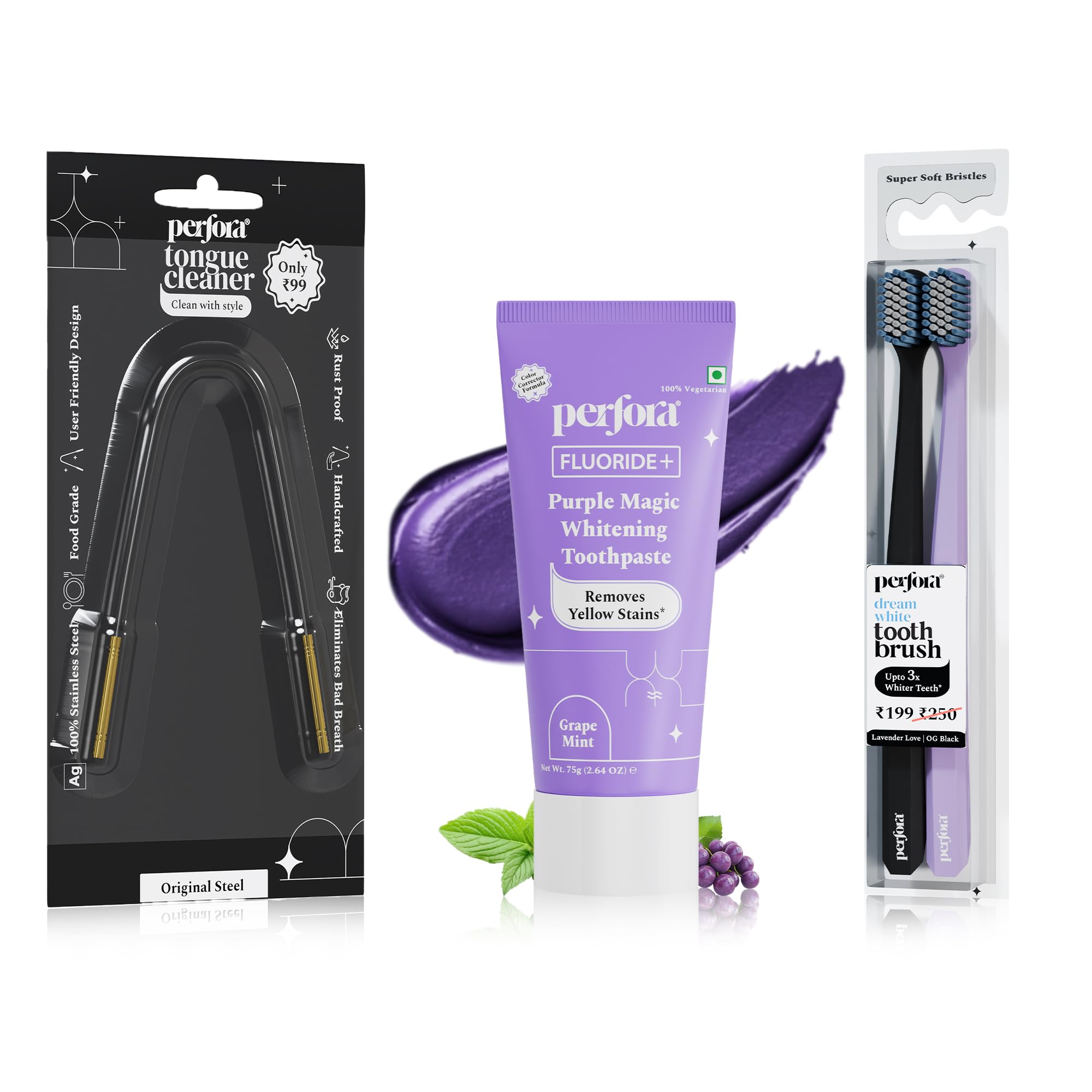 Perfora Teeth Whitening Combo | Enamel-Safe & Sensitivity-Free Oral Care Formula For Tooth Stain Removal | No Artificial Sweeteners | Purple Toothpaste-75gm, Silver Steel Tongue Cleaner, Manual Toothbrush-Pack of 2-picture-12