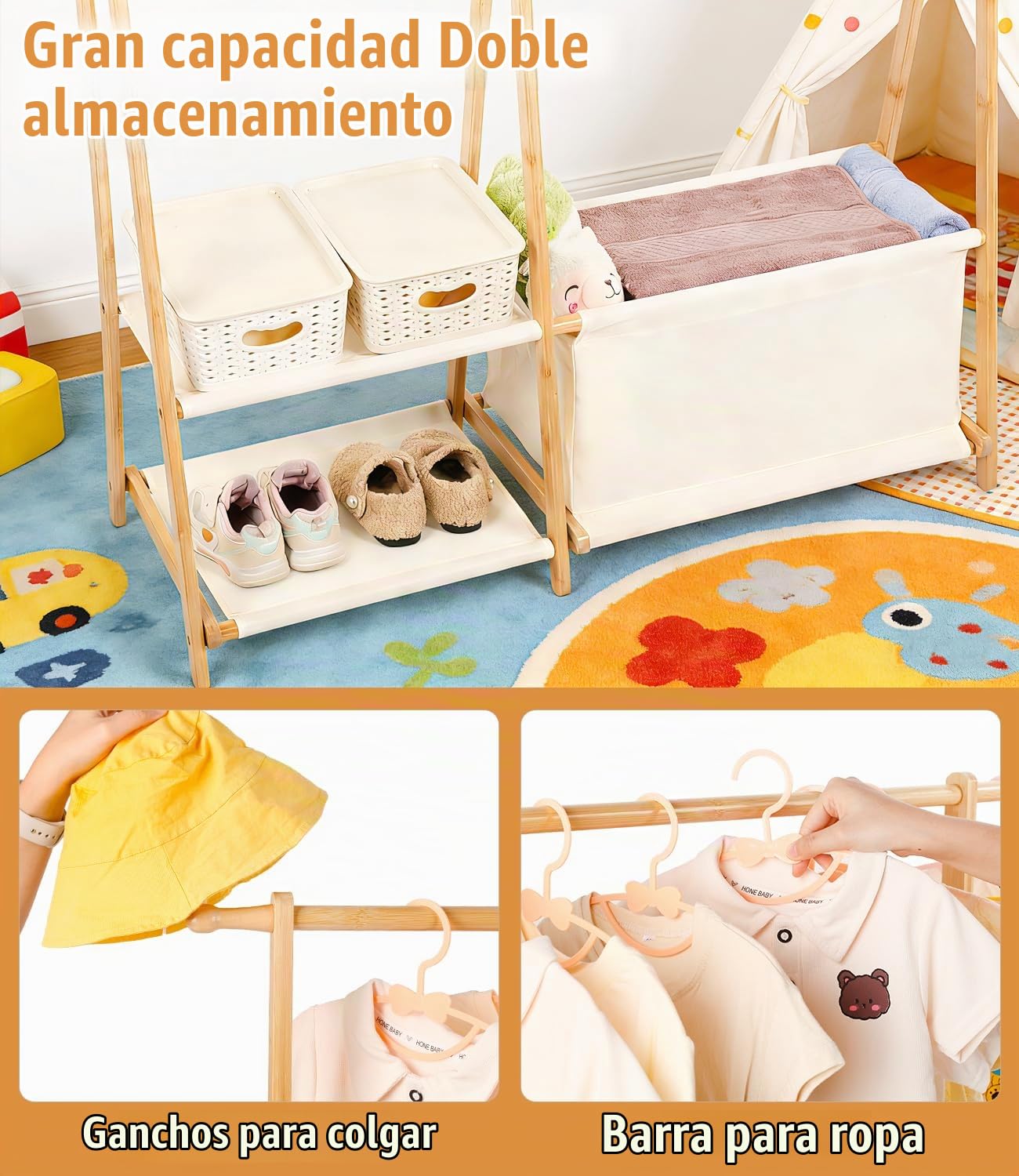 Perchero de bambú con 2 estantes y bolsa de almacenamiento, perchero infantil pequeño, organizador de ropa, para disfraces y accesorios