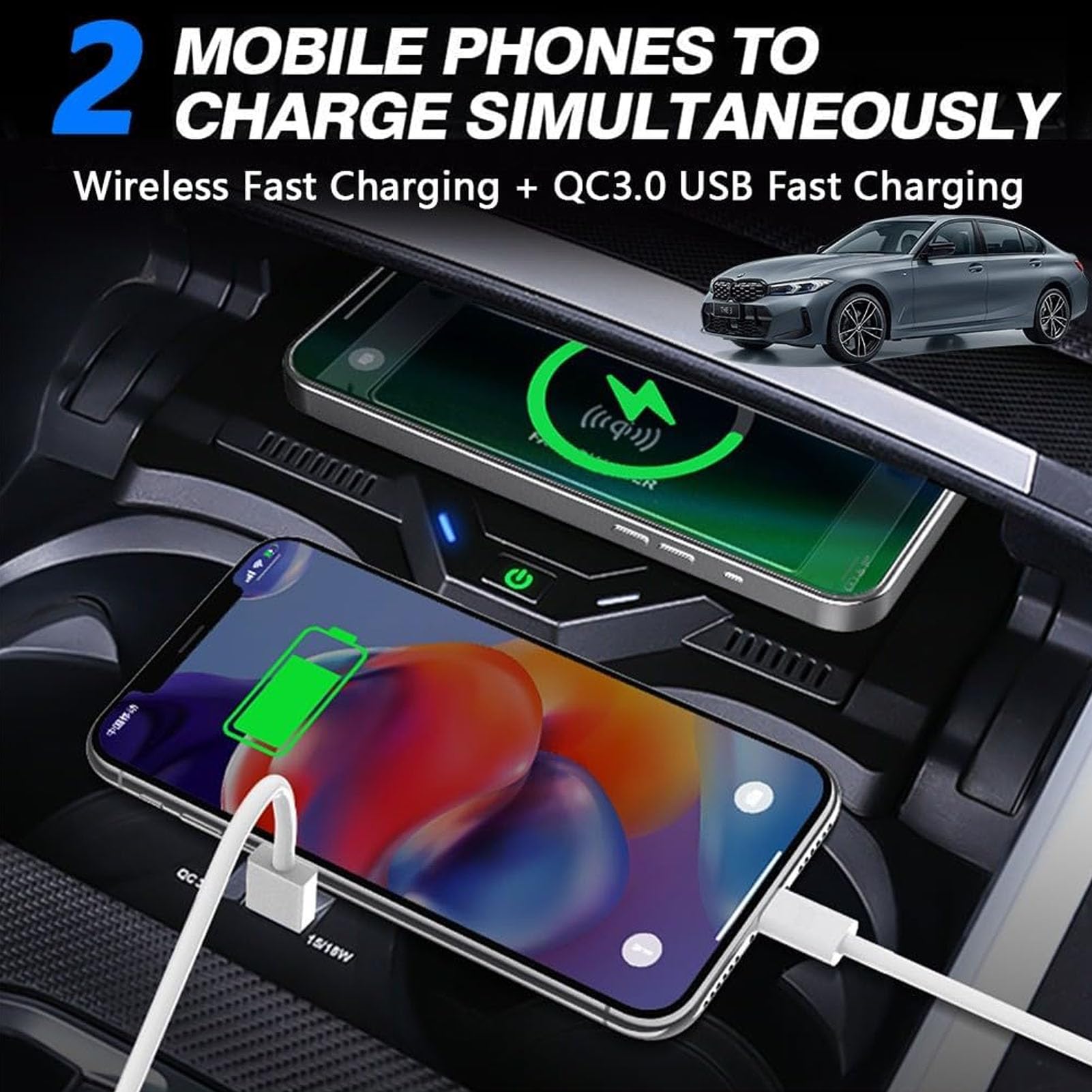 Cargador De Coche Inalámbrico para BMW Serie 3 G20 2020-2023/Serie 4 G22 2021-2023/Serie 2 2022-2023,Cargador De Teléfono Qi De 15 W,para Cualquier Teléfono Compatible con Qi