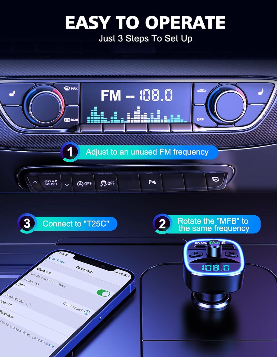 Three steps for easy setup of the FM Transmitter