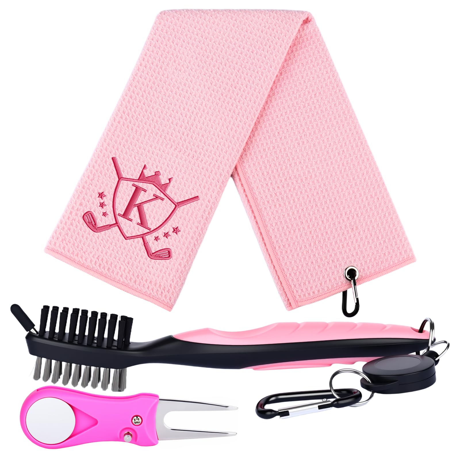 CGFN Golf Towel Gift Set,Golf Gifts for Men Women,Golf Club Cleaner Brush Divot Repair Tool Microfiber Golf Towels with Embroidered Monogrammed,Golf Accessories for Men Women (Pink, K)