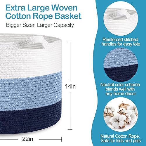 Miniatura 2 de Cesta grande de juguetes para niños, cesta de cuerda de algodón suave de 22 x 14 pulgadas, contenedores organizadores de almacenamiento de juguetes