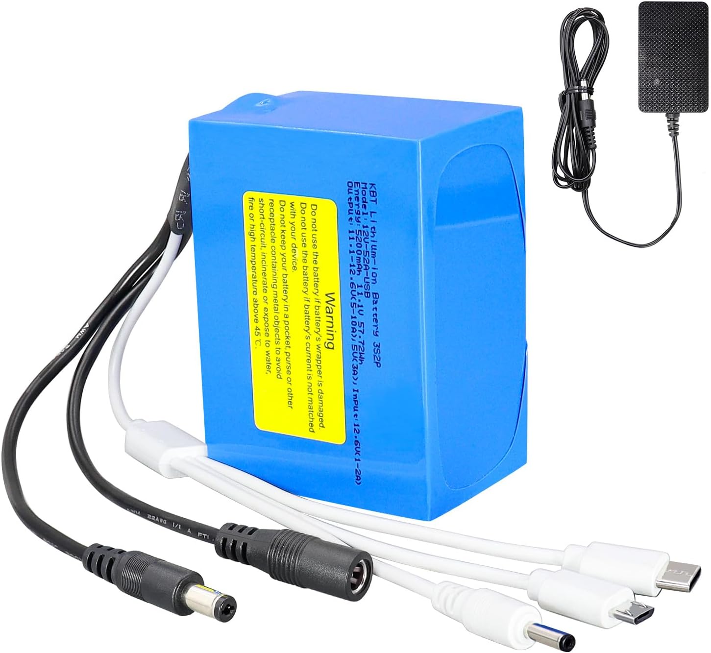 KBT 12V 5200mAh Rechargeable Lithium Battery Pack with Charger and DC5521 Connector & 5V 3-in-1 Output Port for 12V Devices, Mobile Phone, RC Car, Boat, Fan, Radio, CCTV Camera