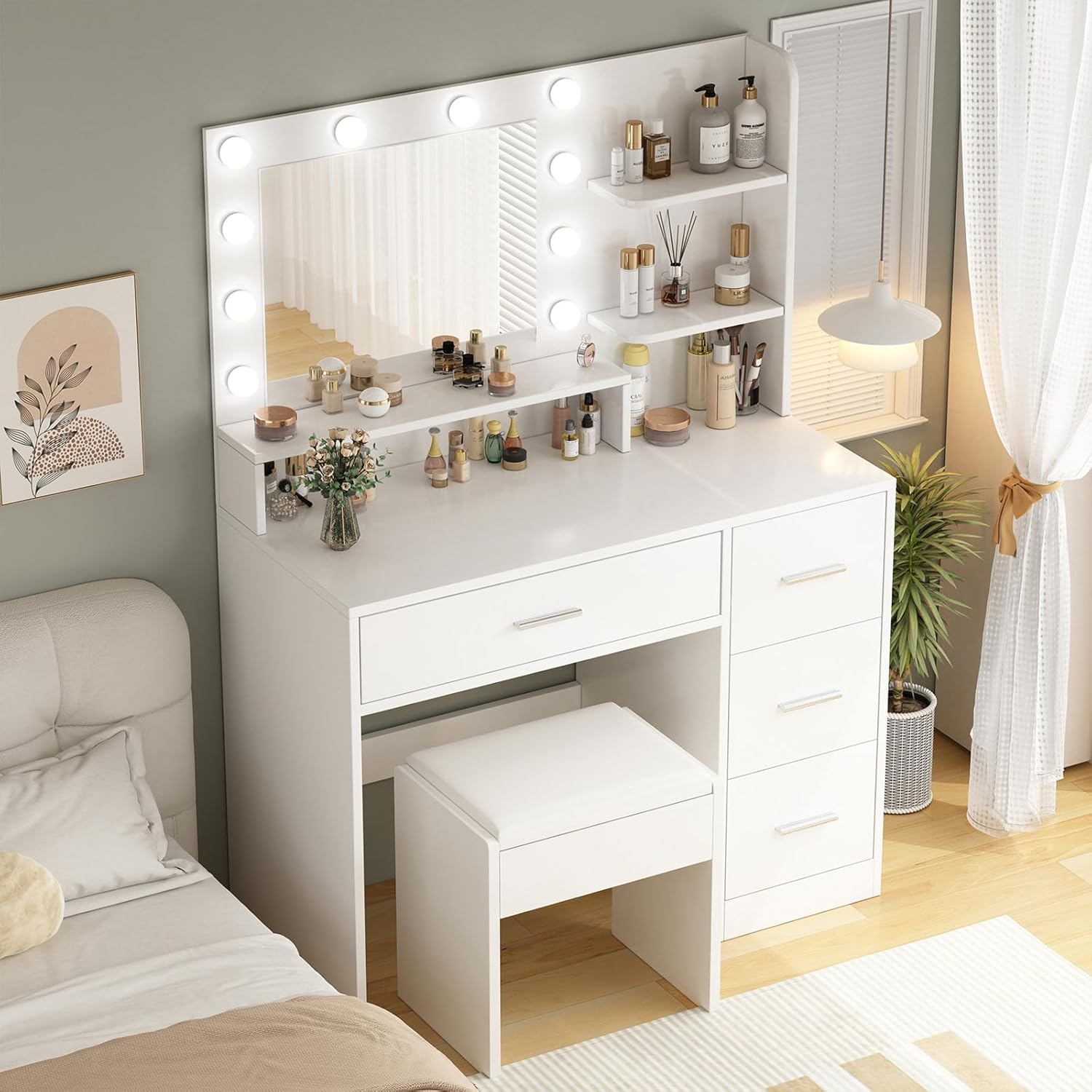 Makeup Vanity Desk with Mirror and Light,Dressing Table Set with 3 Color Modes LED Lights,Large and Three Level Storage Dresser, for Bedroom Dressing Room,White