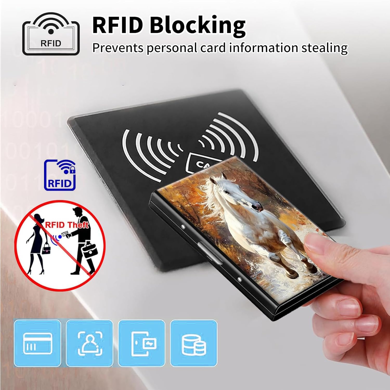 Metal Wallet,Credit Card Holder for Women Men,RFID Blocking Card Holder Wallet Mini Slim Aluminum Wallet ID Case Hard Card Case Business Card Holder Case,Watercolor White Horse - Image 3