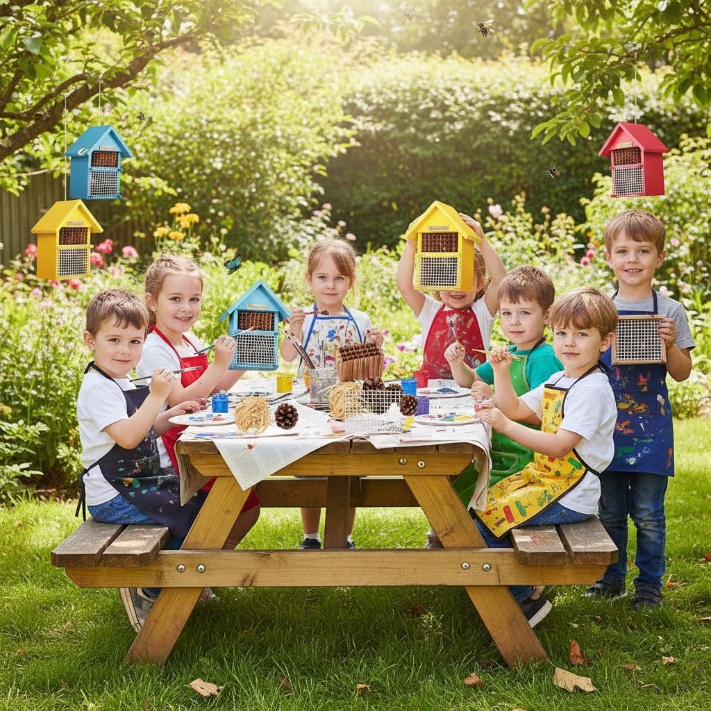 4 Pack DIY Insect Hotel Kit, Backyard Insect House, Solid Wood 5.9"x 7.7"x 4.7", UVcoating Painted, Bee House, Nesting Habitat Shelters, Garden Shelter for Bees, Butterflies, Bugs