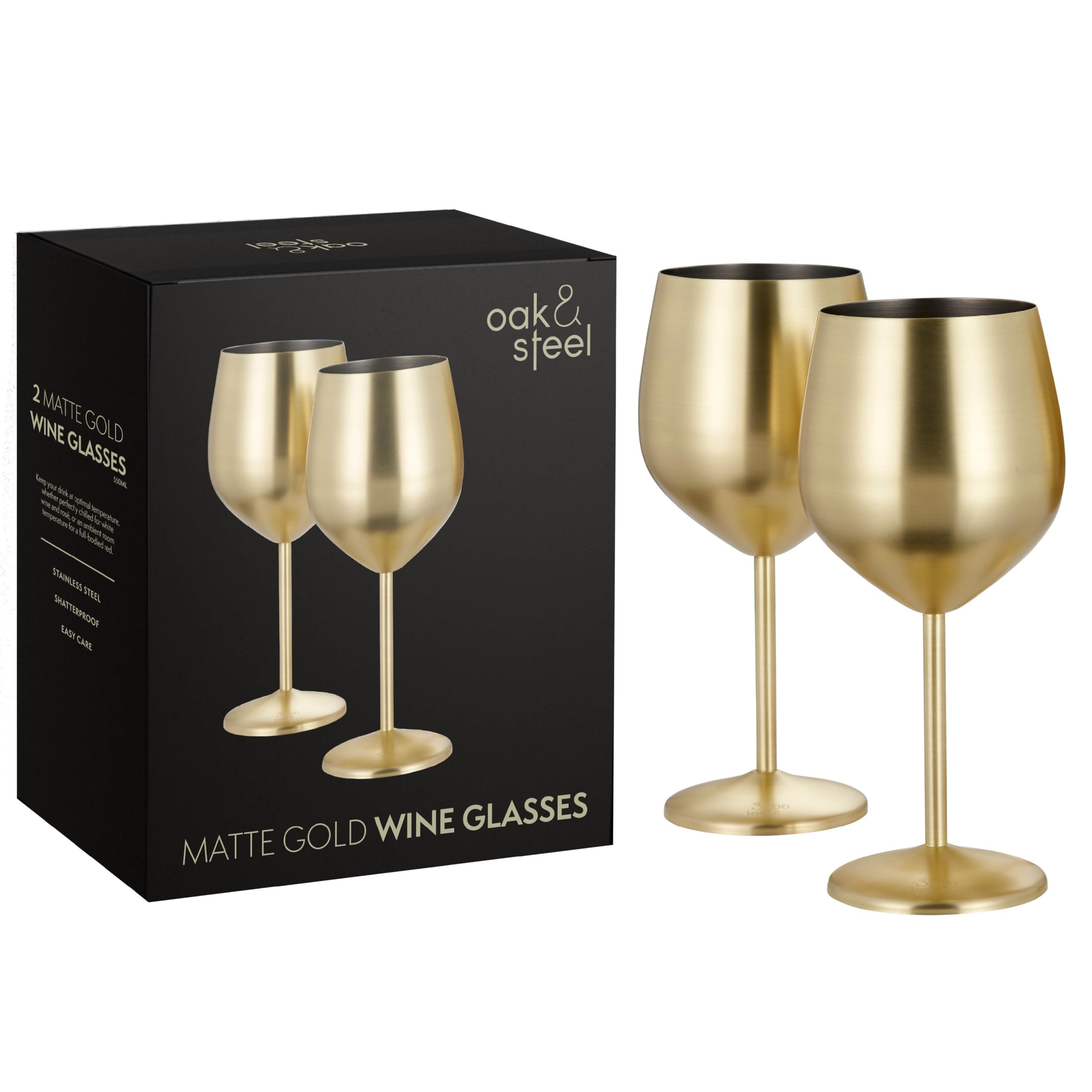 Oak & Steel - 2 Bicchieri da vino opachi dorati, 550 ml - Bicchieri da vino in acciaio inossidabile - Set regalo in vetro infrangibile per home bar, matrimonio, anniversario, festa di compleanno