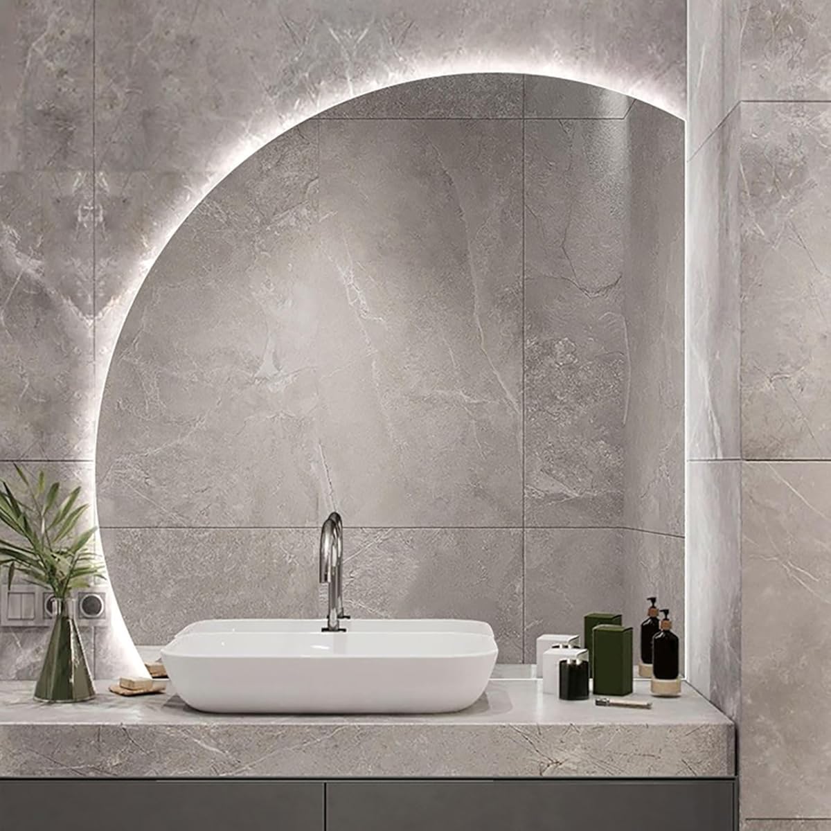 WQZzjm LED Backlit HalfCircle Bathroom Mirror WallMounted Smart Touch with TriColor Lighting for Modern Interior Decor and Enhanced Grooming Experience (50L x 50W cm)