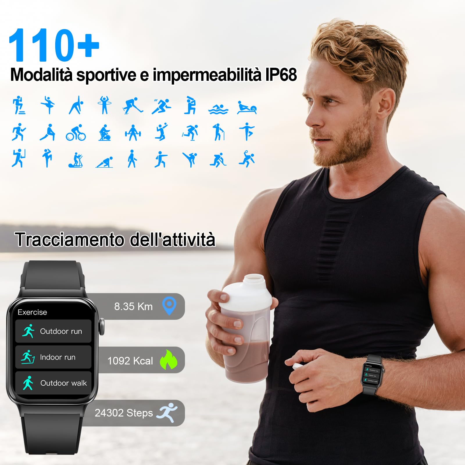 Smartwatch Uomo Donna, 1.85" HD Orologio Bluetooth Effettua/Risposta Chiamate, 110+ Sportive Smart Watch Cardiofrequenzimetro/Contapassi/SpO2/Sonno, Impermeabile IP68 Fitness Tracker per Android iOS