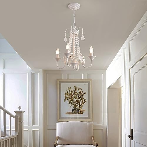 Miniatura 3 de KAERDI K9 - Mini candelabro de cristal con 4 luces lámpara colgante ajustable de metal blanco para comedor sala de estar dormitorio habitación de