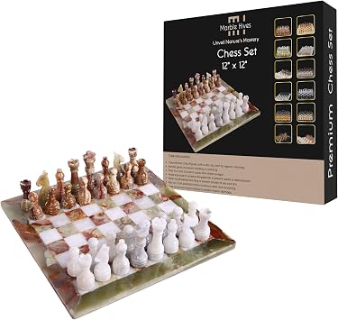 Handmade Marble Chess Set - Green Onyx & White 12 x 12 Inches - Chess Sets for Adults - Premium Quality Chess Boards - Fancy Chess Boards