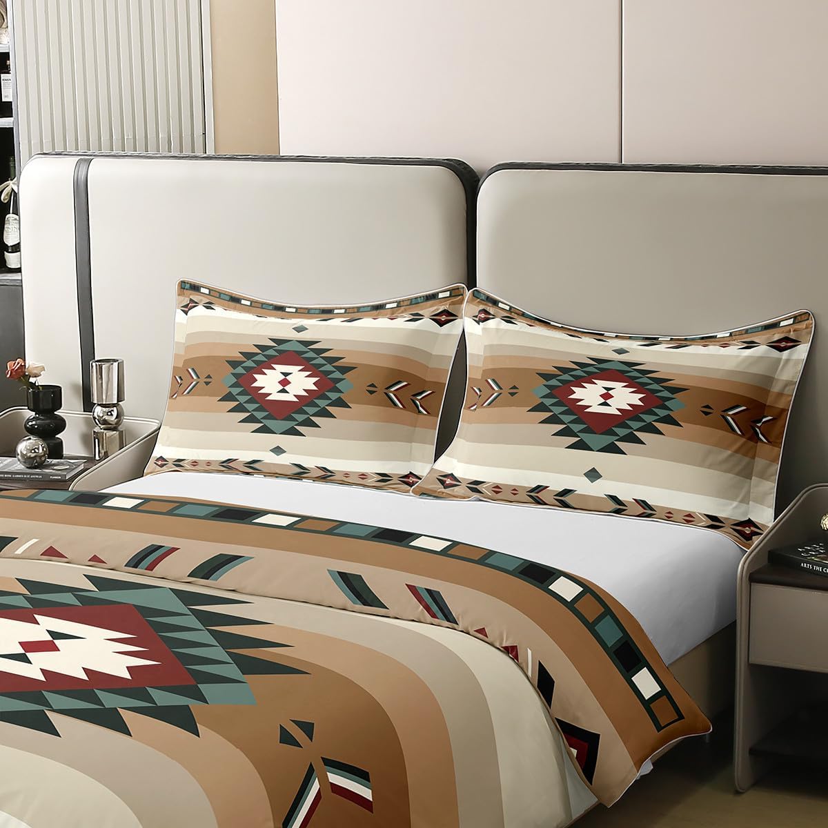 jejeloiu Queen Size 100% Cotton Southwest Native Design Duvet Cover Southwestern Geometric Bedding Set Ultra Soft Tribal Comforter Cover Set Beige Bedspread Cover Room Decor Bedclothes Zipper