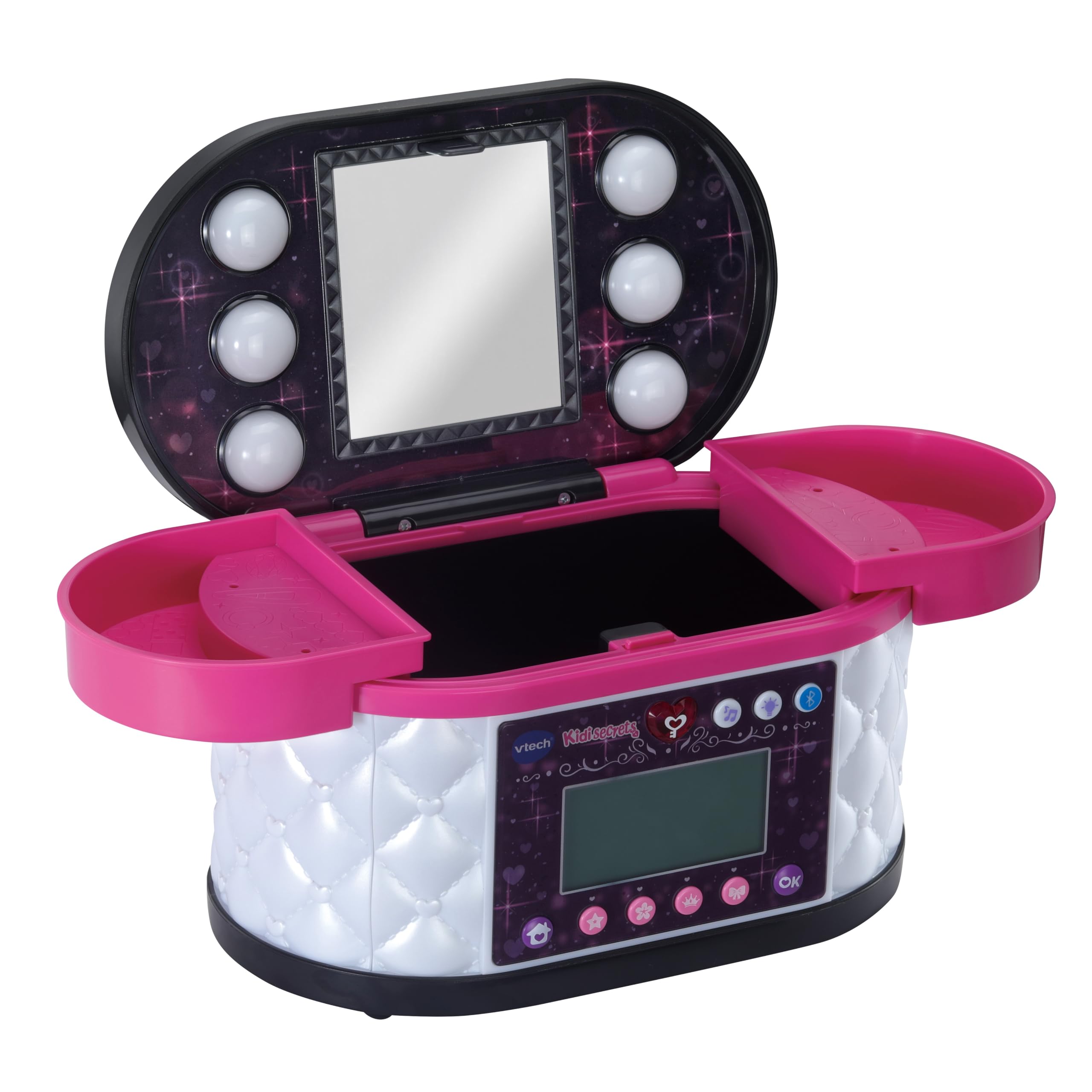 VTech - Maletín Secreto de Maquillaje, Joyero Interactivo, Código Personal, Espejo, Juguete niños +5 años, Color Negro, Pantalla LCD, Actividades mágicas, Bluetooth, Radio, Versión ESP
