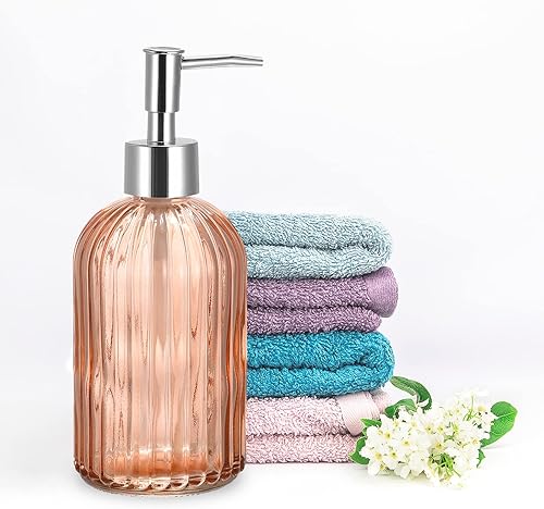 Miniatura 9 de uxcell Juego de 2 dispensadores de jabón, dispensador de jabón de manos de vidrio de 13.5 onzas con bomba plateada para cocina, baño, color azul