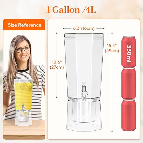 Miniatura 2 de Lifewit Dispensador de bebidas de plástico de 1 galón, recipientes de jugo con tapa para fiesta, dispensador de bebidas de hielo con soporte para
