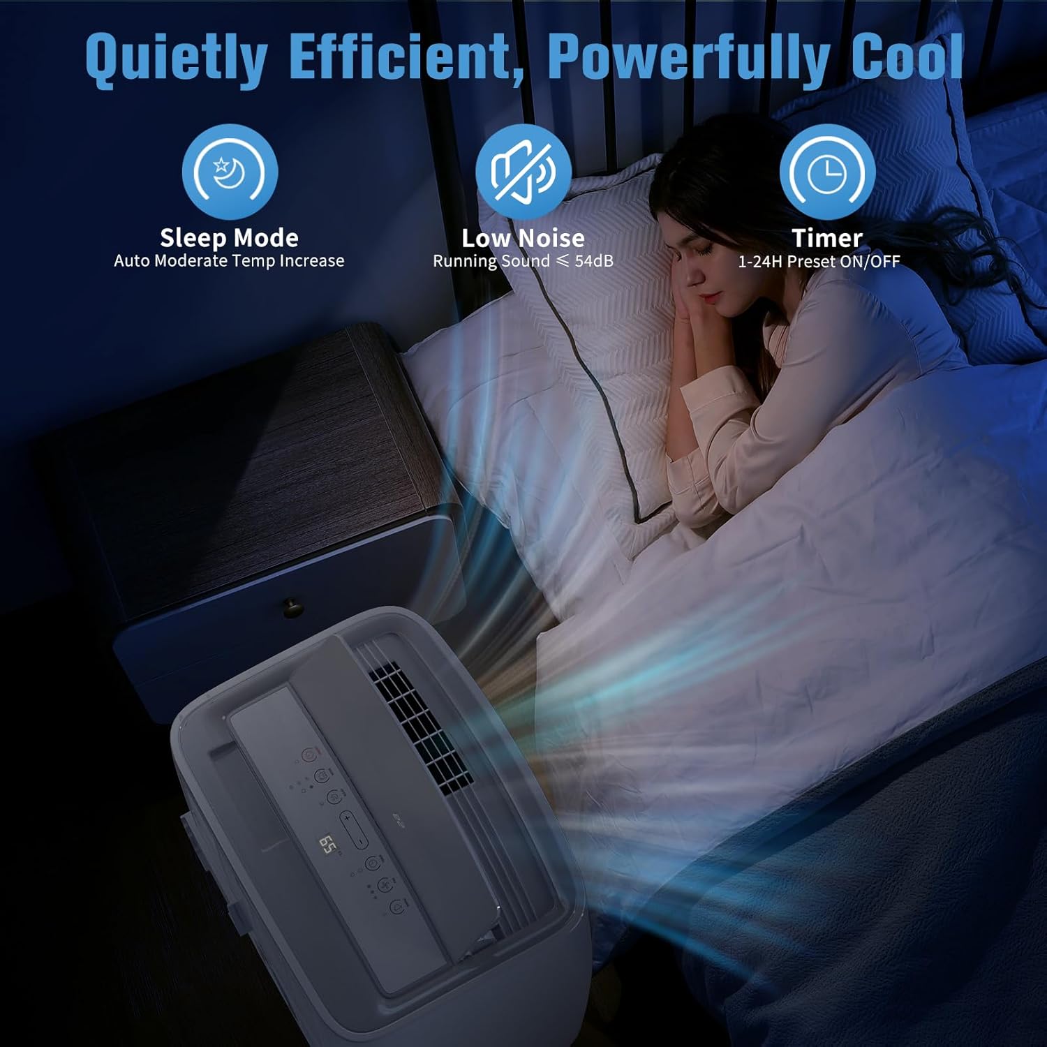 Image illustrating the quiet operation and sleep mode features of the air conditioner