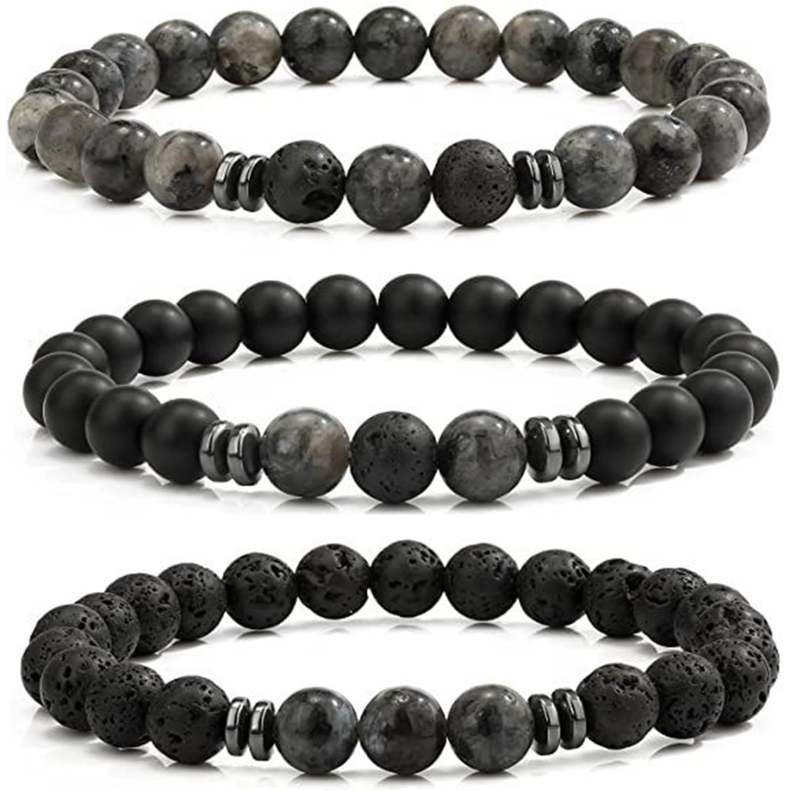LOCCY Perlenarmband Herren, 3 Stück 8mm Perlenarmbänder Set Stretch Tigerauge Armband Lavastein Perlen Armband für Männer Fraun für Geburtstag Vatertag Weihnachten Geschenke