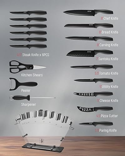 Miniatura 3 de EUNA Juego de cuchillos de cocina, juego de 19 cuchillos negros con bloque acrílico y afilador, juegos de cuchillos alemanes de acero inoxidable de