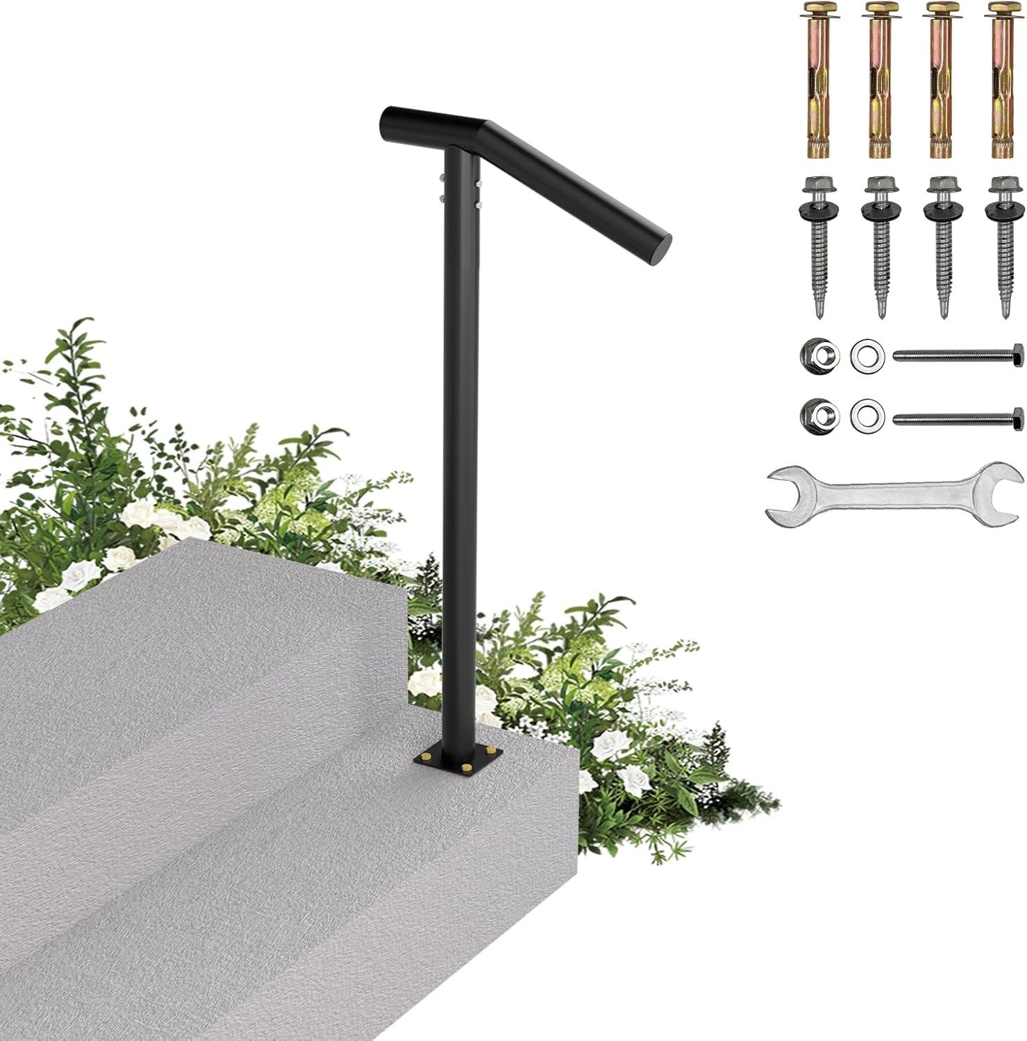 1-2 Step Single Post Handrail-Outdoor Stair Rail- Single Post Wrought Iron Handrail with DIY Tool Kit, 38" H Black Hand Rail Powder Coating for Concrete Steps or Wood Stairs 1-2 Steps-2