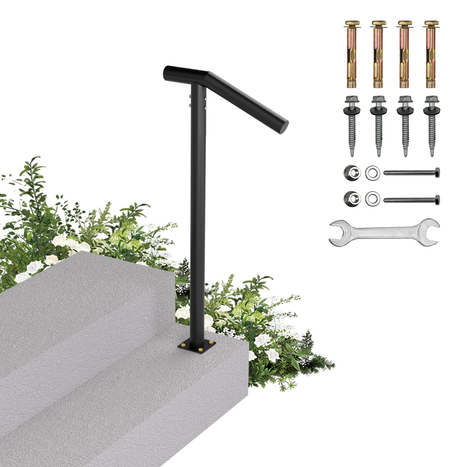 View 1 of 1-2 Step Single Post Handrail-Outdoor Stair Rail- Single Post Wrought Iron Handrail with DIY Tool Kit, 38" H Black Hand Rail Powder Coating for Concrete Steps or Wood Stairs