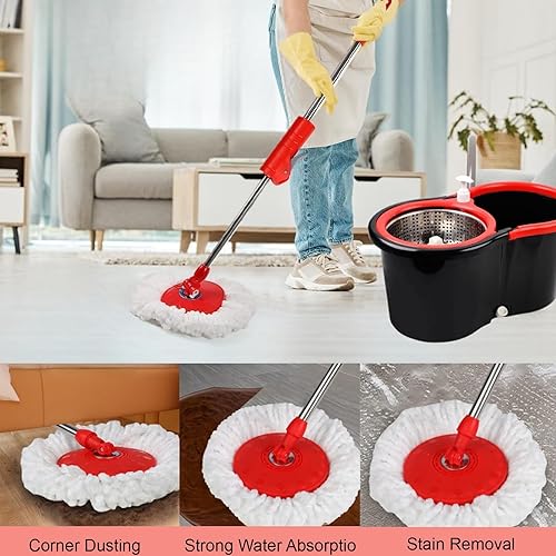 Miniatura 6 de Trapeador giratorio y cubo con juego de escurridor, sistema de cubo giratorio de 360 con 3 cabezales de repuesto de fregona de microfibra, mango