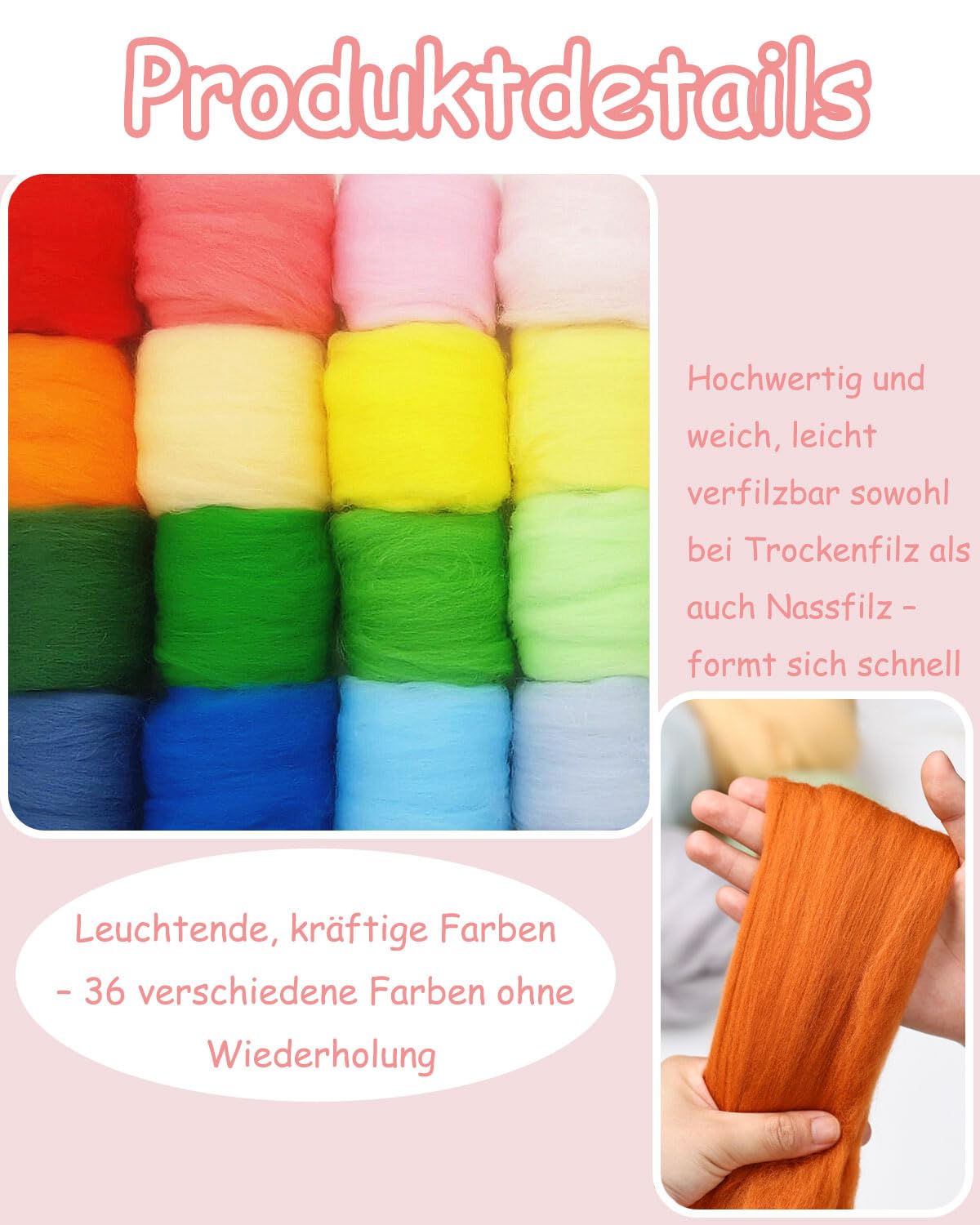 Filzwolle Set 36 Farben 108g Märchenwolle Filzwolle für Nassfilzen und Trockenfilzen, mit Filzunterlage Filznadeln Puppenaugen, Wolle zum Filzen Set zum Basteln für Anfänger Basteln Handwerk