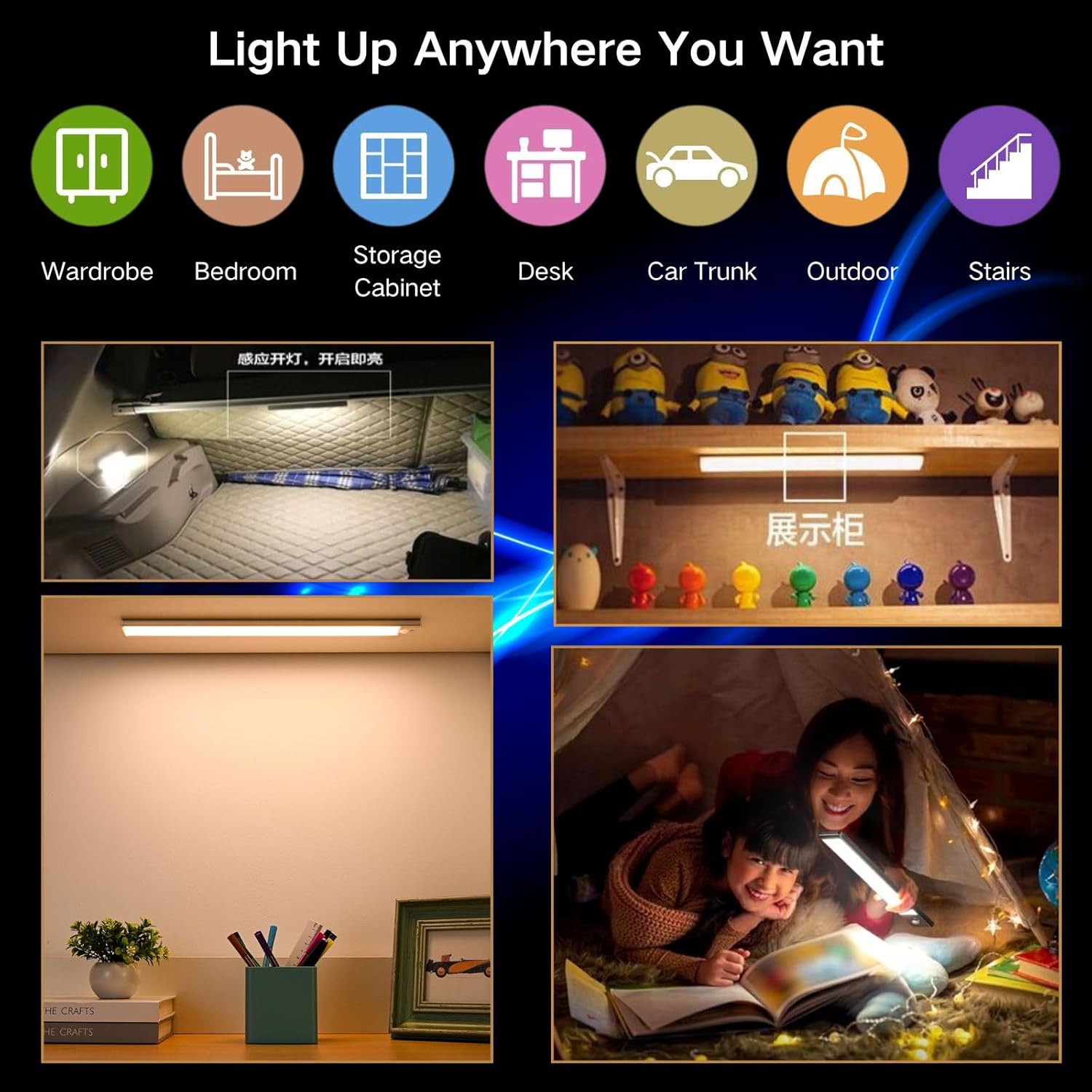 Motion Sensor Under Cabinet Lighting-Magnetic Rechargeable Closet Lights for Kitchen,Stairs,Wardrobe | 3-Color Dimmable LED Under Counter Lighting | Pro Battery Upgrade​ (2, 12 inch)