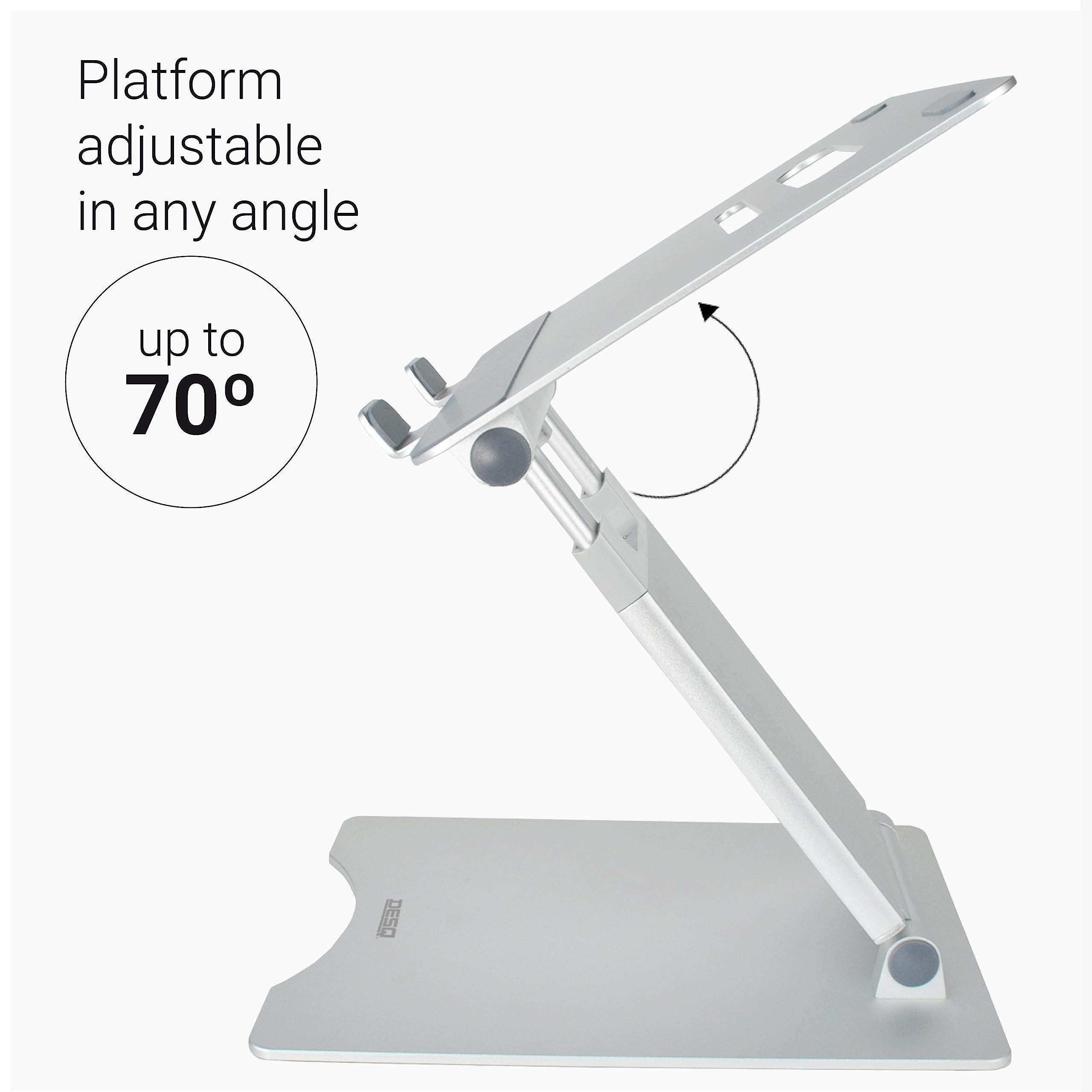 DESQ Soporte para Ordenador portátil, Aluminio, Totalmente Ajustable, estación de Trabajo para Sentado y de pie, telescópico, Altura 30-450 mm, para Todos los portátiles de 10 a 17 Pulgadas
