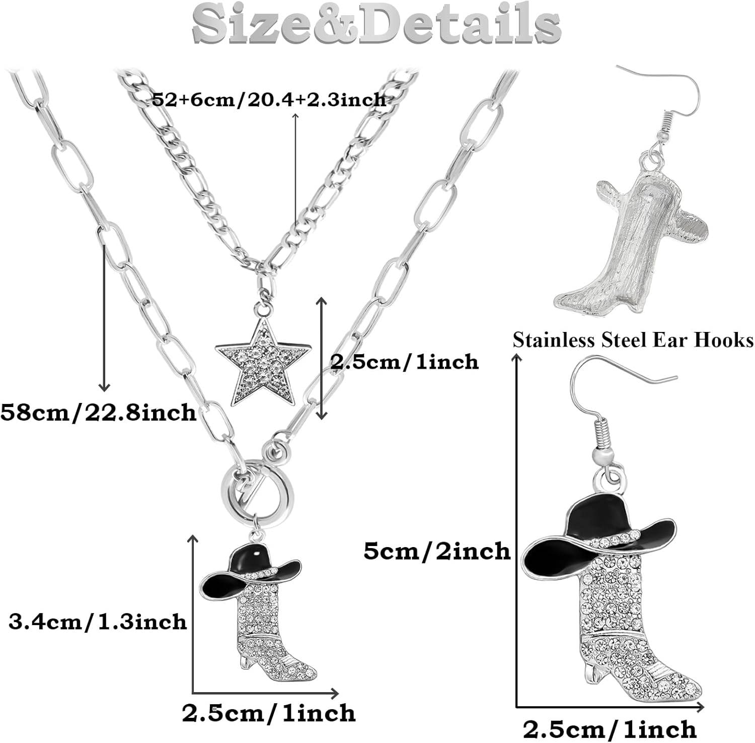 3 Pcs Cowgirl Necklace Earrings Western Jewelry Set for Women, Sparkly Rhinestone Stacked Cowboy Enamel Hat Boot Star Choker Western Earrings Necklace Country Jewelry for Women - Image 5