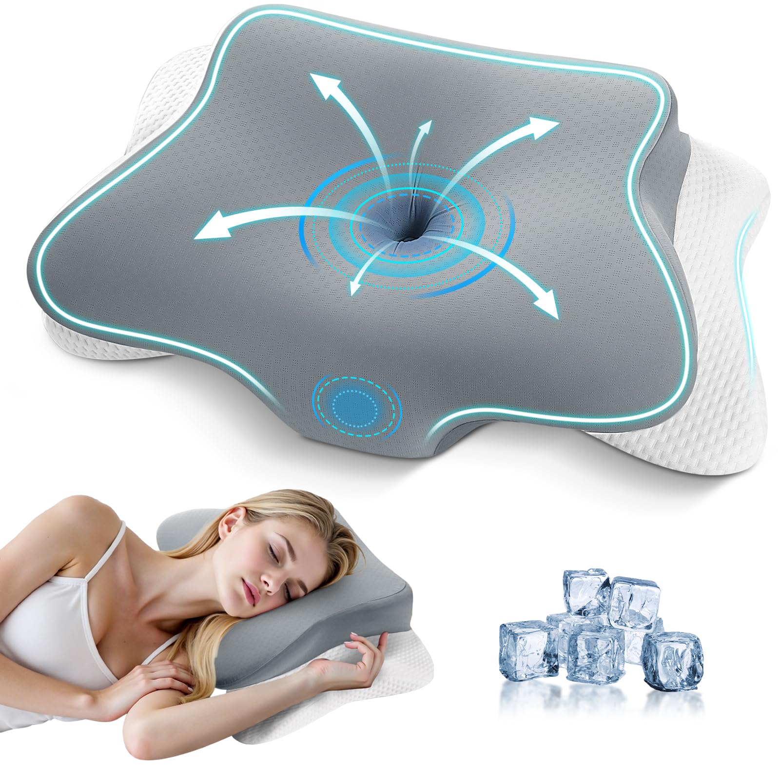 A-Pce Cuscino Cervicale per Dormire Memory Foam Ergonomico, Grigio | Memory Foam, Fodera Rimovibile in Seta Ghiaccio, Effetto Rinfrescante, Traspirante, 2 Altezze, Per Dolori a Collo e Spalle