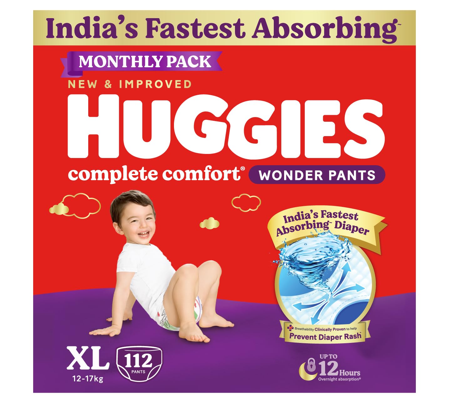Huggies Complete Comfort Wonder Pants | Pant Style Baby Diapers Extra Large Size, 112 Count | India's Fastest Absorbing Diaper, Prevents Diaper Rash, Ideal for 12 to 17 Kgs (56 count, Pack of 2)