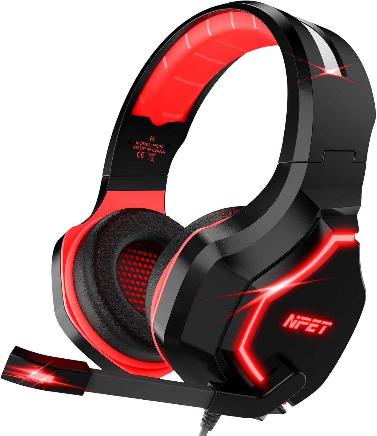 NPET HS20 Gaming Headset for PC, PS4, PS5, Switch, Xbox One Controller, LED Backlit Computer Headphone with Noise Canceling Mic, Soft Memory Earmuffs, Volume Control (Red)