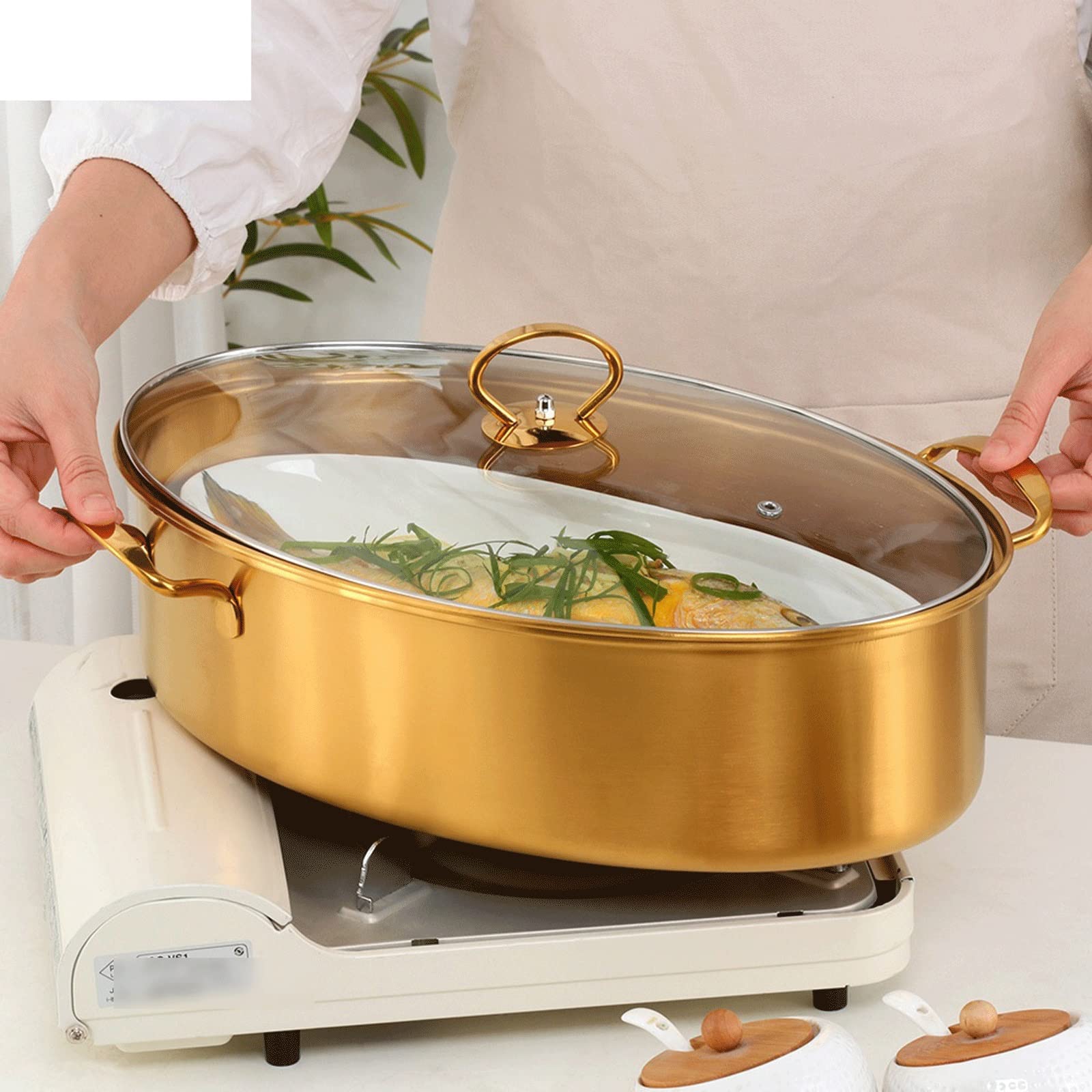 Olla para Sopa Olla para Cocer Pescado Ovalada De Acero Inoxidable Mango Chapado en Titanio Olla para Cocer Pescado De Gran Capacidad De Una Sola Capa Cocina De Inducción Universal