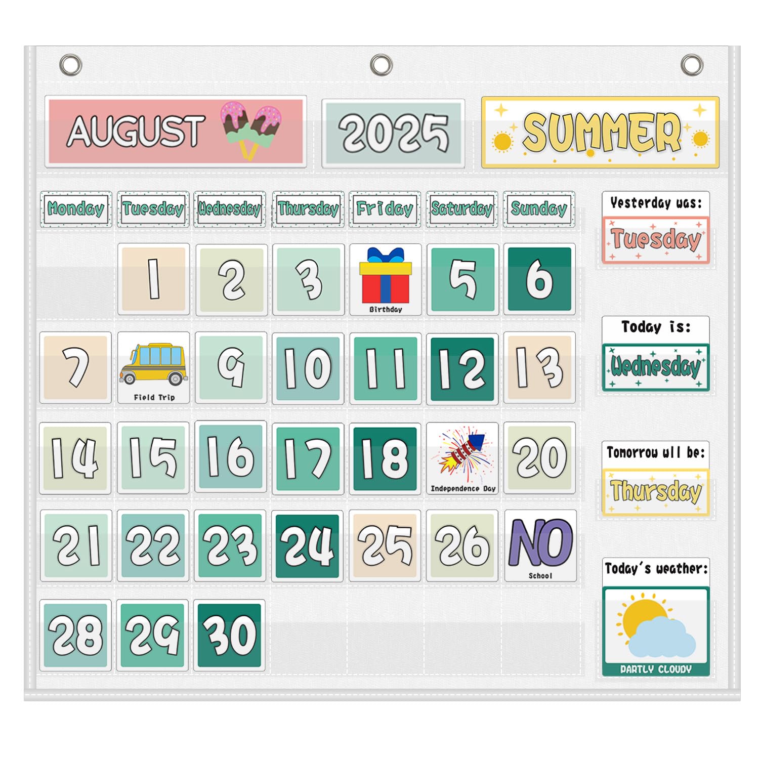 Mewise Classroom Calendar Pocket Chart for Wall, Weather Pocket Chart for Kids, Groovy Classroom Decor Set Includes 126 Cards, Hanging Display for
