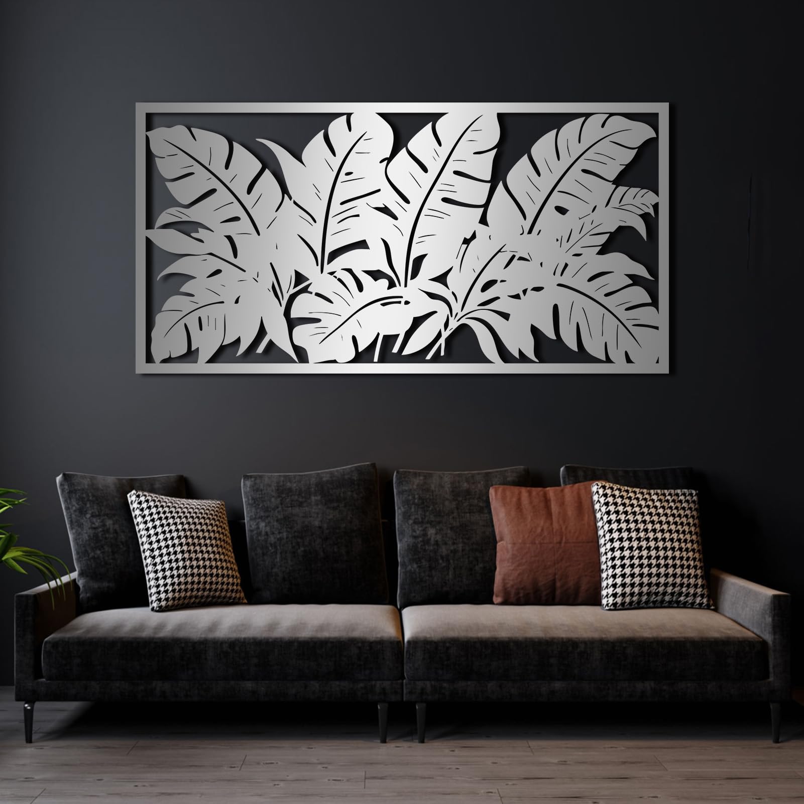 Schwarze Metall-Wandkunst mit Palmenblättern, Tropische Metall-Wandkunst, Blattkunstwerk, Moderne Skulptur für Wohnzimmer, Schlafzimmer, Flur, Heimdekoration (Weiß, 53" x 27" / 135 x 69 cm)