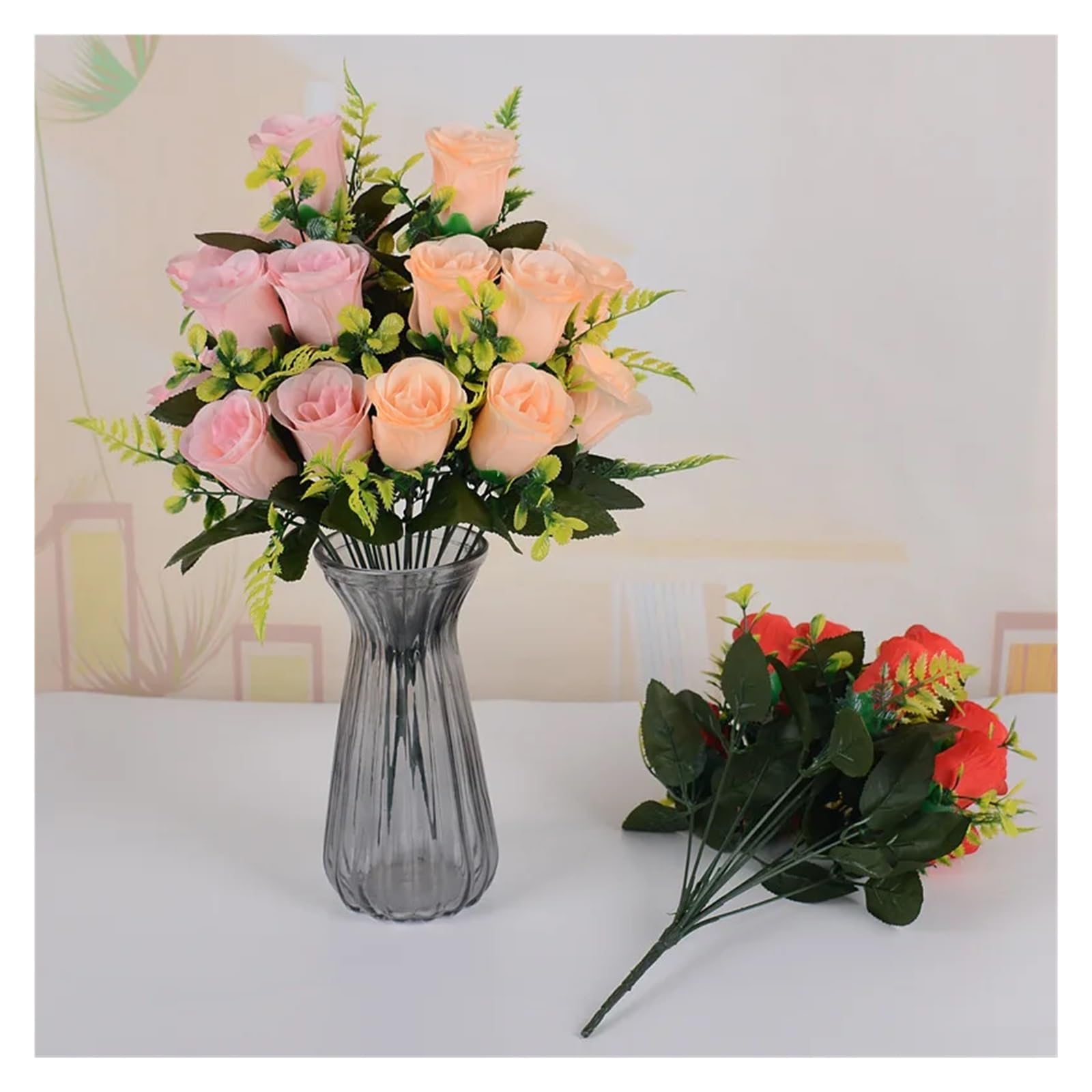 43cm Rose Silk Bouquet Rose Artificial Flowers 12 Heads Bridal Wedding Home Party Decoration Fake Flowers Artificial Flowers Fiori Artificiali Peonie(White)