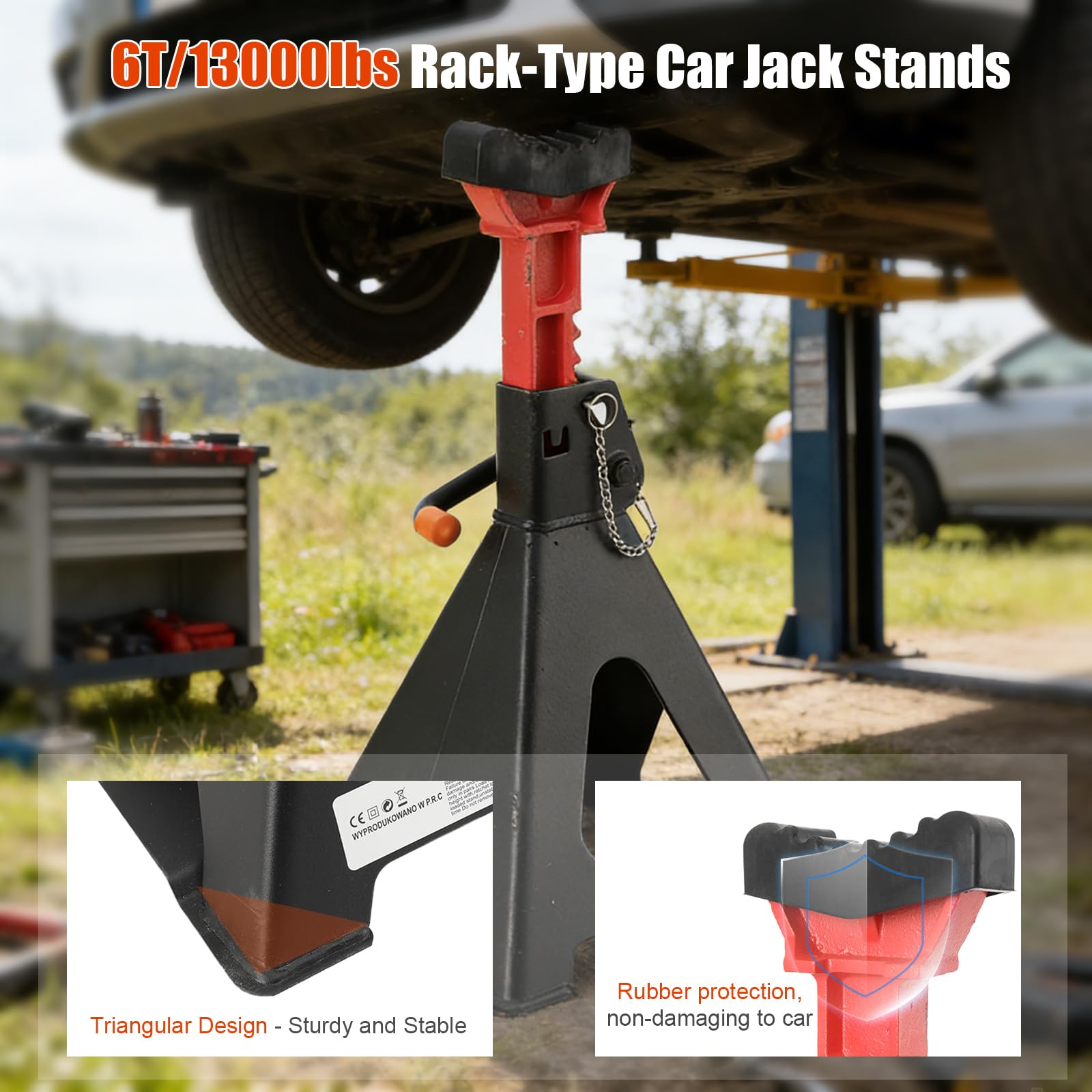 Cavaletti Auto treppiedi a cremagliera, Cavalletti Auto 6T Set da 2 Pezz, Altezza di Sollevamento 390–585mm, Jackstand Coppia Cavalletti con Protezione in Gomma