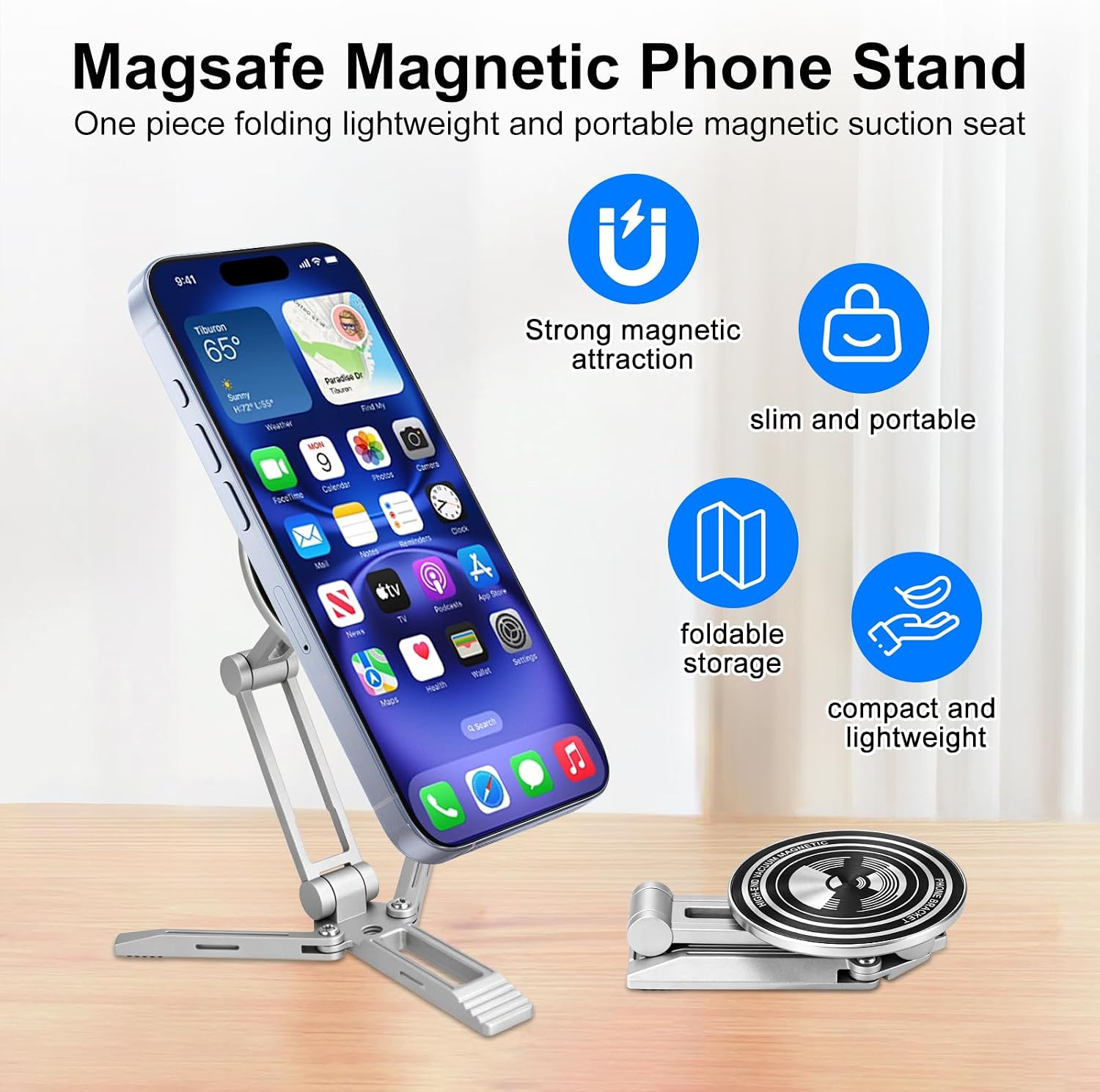 Magnetic Magsafe Mini Foldable Small Phone Tripod Stand Holder for iPhone (Silver)