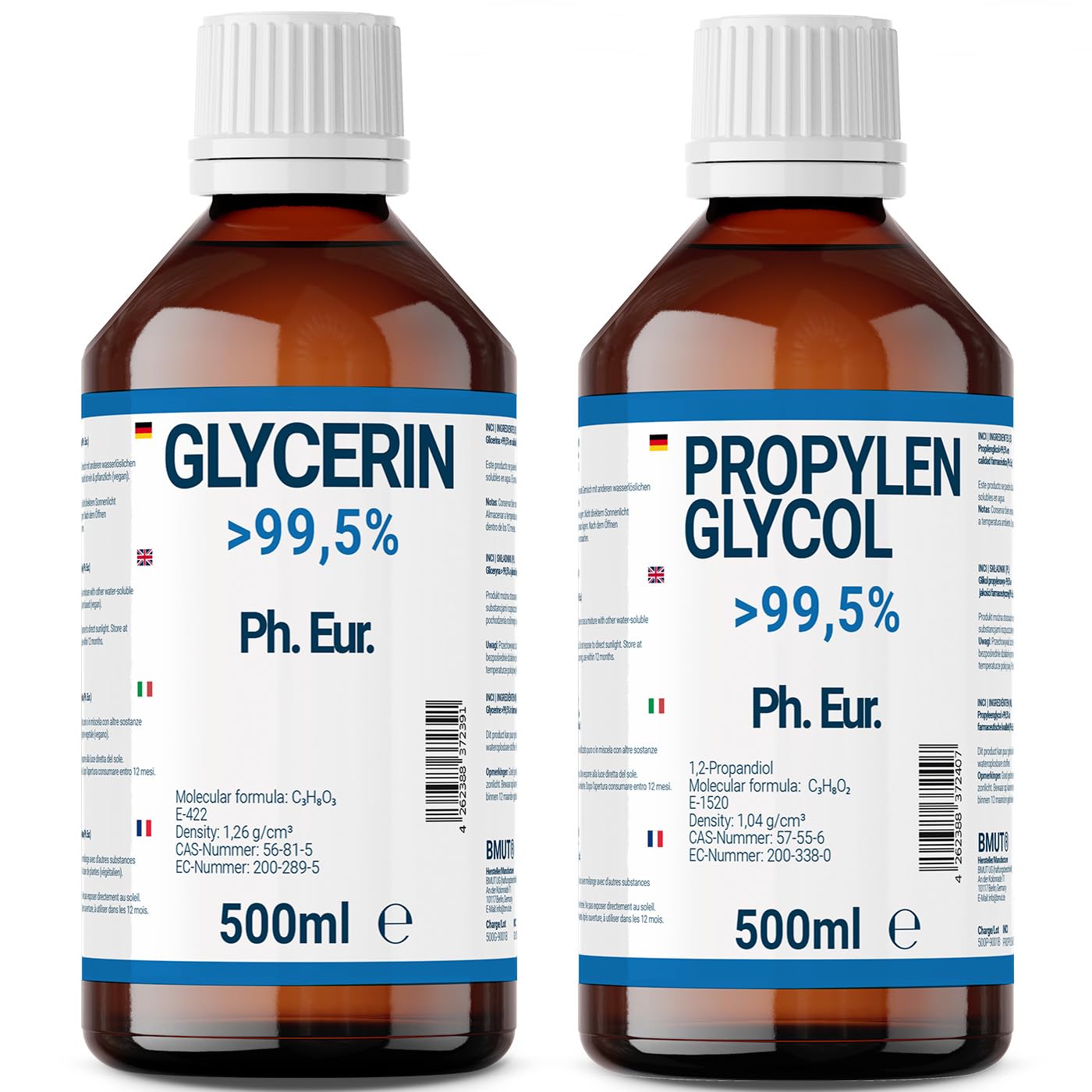 500ml Glycerin + 500ml Propylenglycol Set (500+500ml) in Pharmaqualität | >99,5% Reinheit | E422 + E1520 | Pflanzlich | DIY-Set
