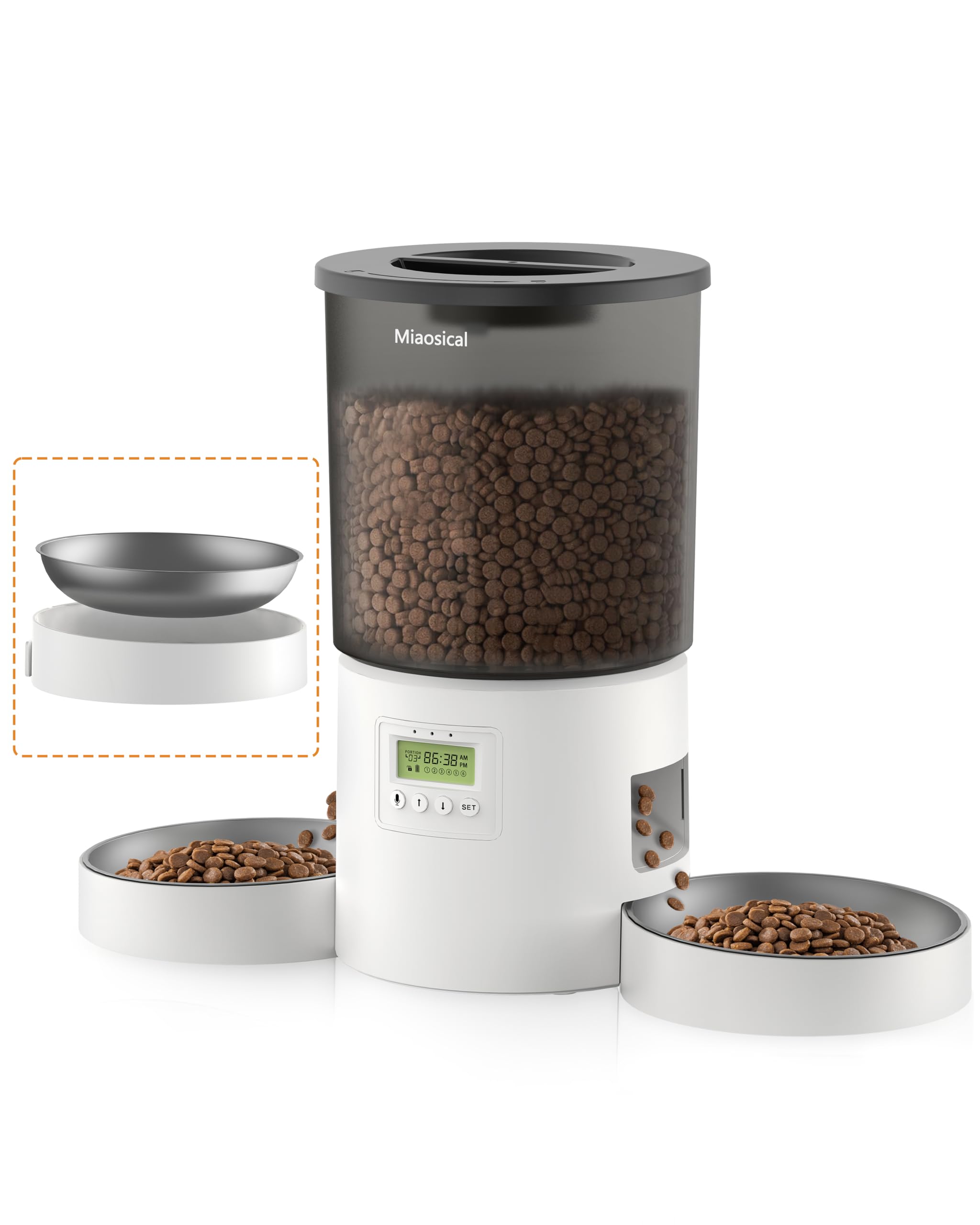 Miaosical Automatic Cat Feeder for 2 Cats, 4.2L Dual Food Dispenser, Up to 6 Meals/Day, Portion Control, Voice Message, Dual Power Options (Transparent+White, Dual Stainless Steel Bowls)