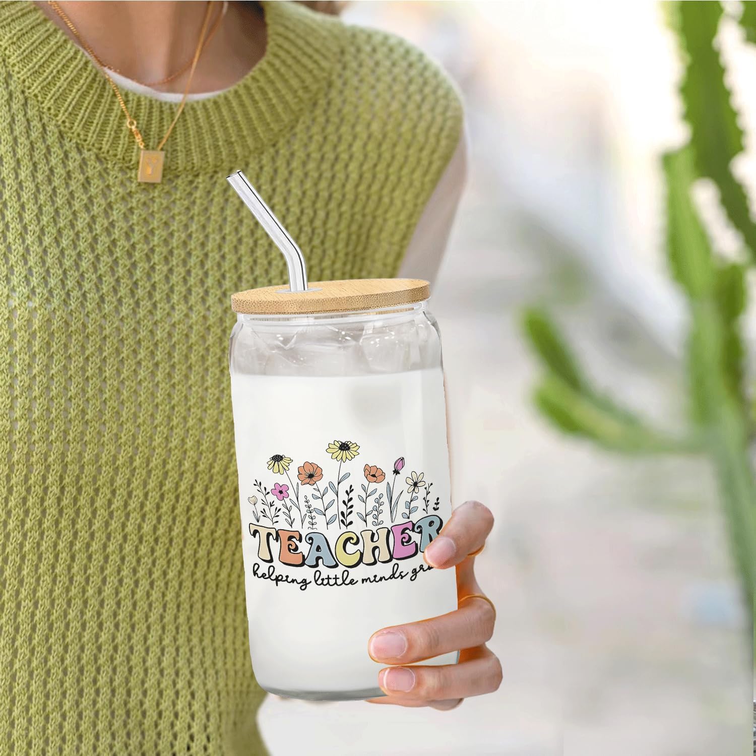 Floral Teacher Glass Cup Lids and Straws 14oz, Kindergarten Teacher Gifts for Women, Teachers Appreciation Gifts Glass Iced Coffee Tumbler Drinking Jars with Cleaning Brush - Image 3
