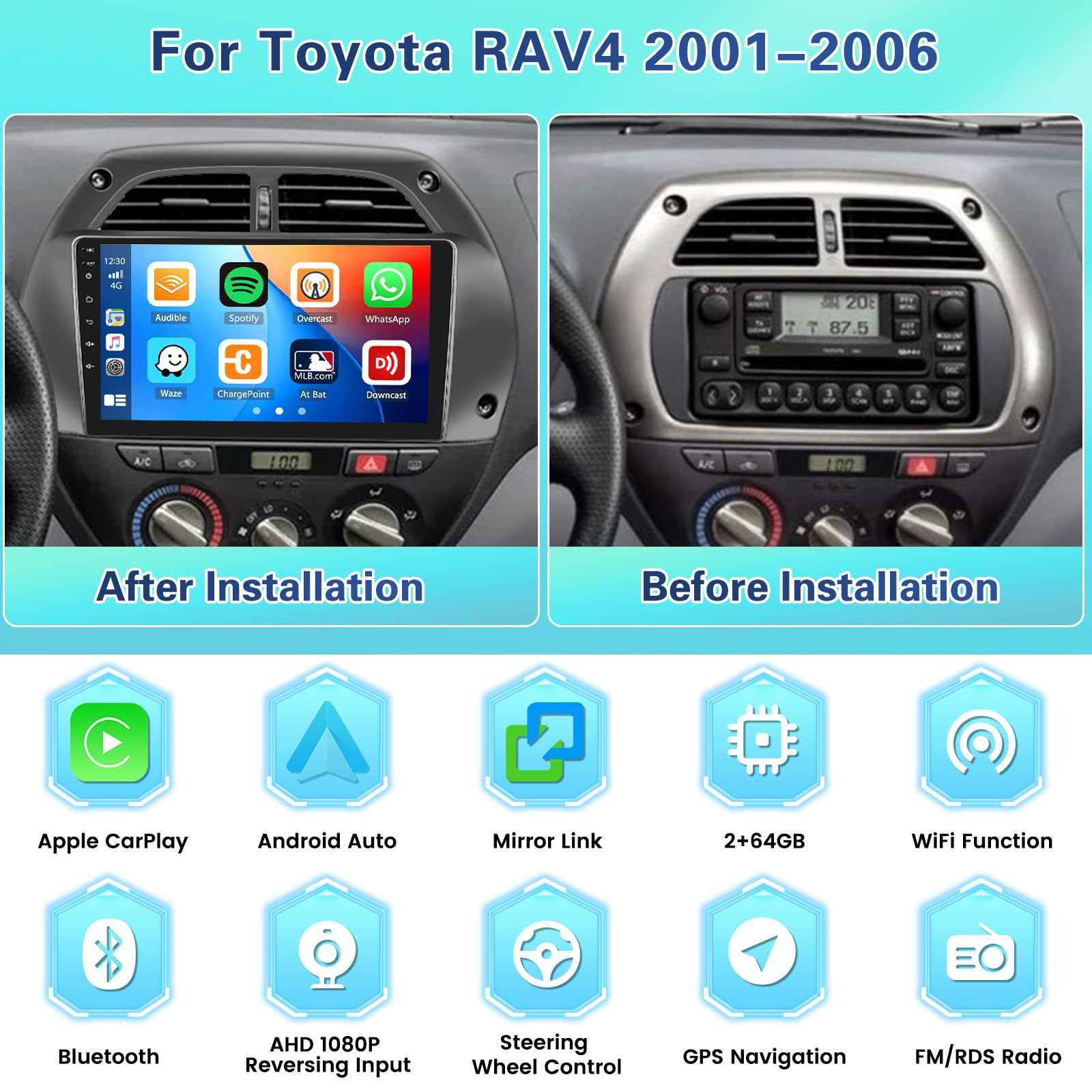 9" Écran Voiture Android Autoradio pour Toyota RAV4 2001-2006 2+64G | Android 15 Autoradio carplay/Android Auto sans fil Ecran Tactile 9" avec Bluetooth/WiFi/GPS/Caméra de Recul/FM/RDS/SWC/EQ