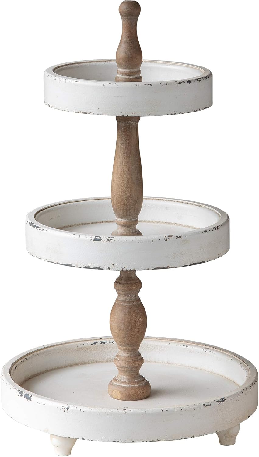 SOFE Distressed White 3 Tiered Tray Stand, Rustic Wood Three Tiered Tray for Spring Easter Decor, Round Farmhouse Tier Tray for Coffee Bar, Kitchen Counter, Dining Room, Home Tabletop Centerpiece