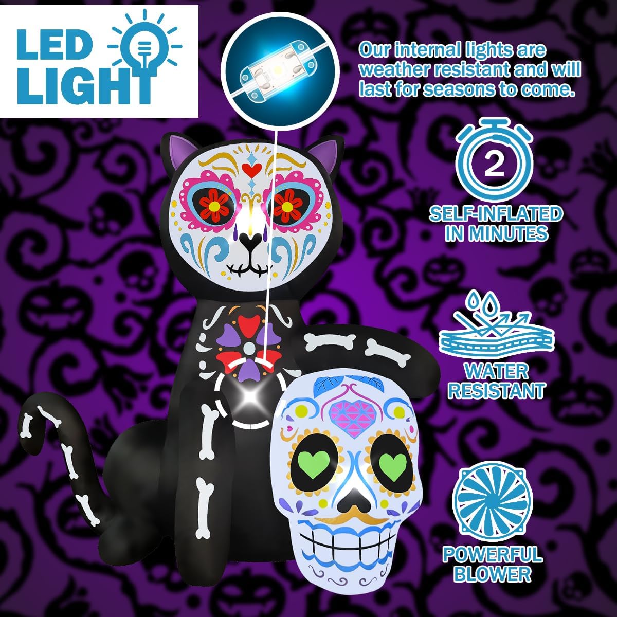 BLOWOUT FUN Halloween Decorations 5FT Inflatable Black Cat Decoration, Dia De Los Muertos Sugar Skull, Day of the Dead Blow Up, Built-in LED Lights Décor for Holiday Party Yard Lawn Indoor Outdoor