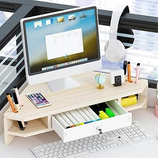 Soporte triangular para monitor de 2 niveles con cajón, elevadores de computadora, elevador, para oficina, escritorio, estante de almacenamiento, color amarillo claro